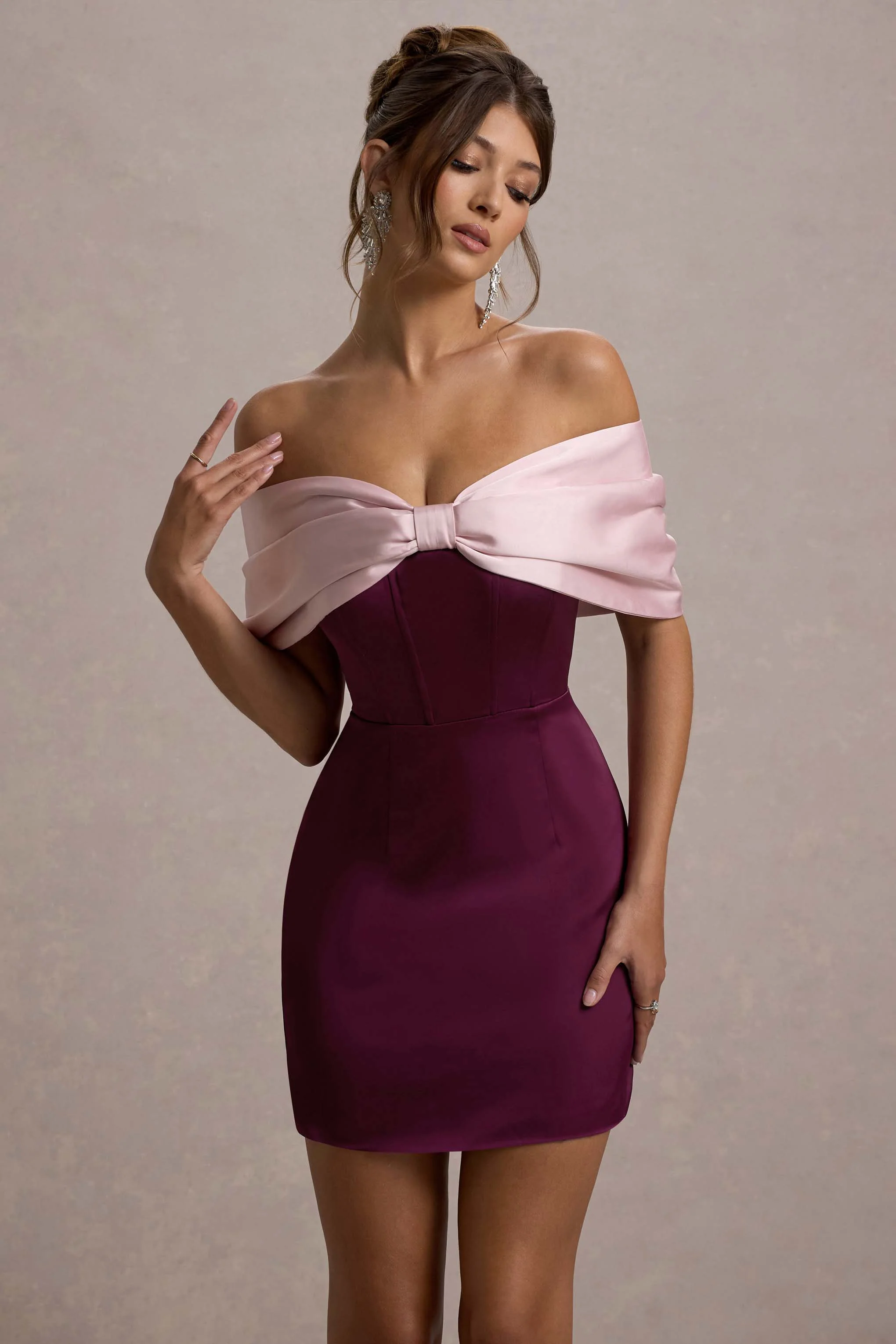 Linley | Burgundy & Pink Satin Bow Bardot Mini Dress - Image 3