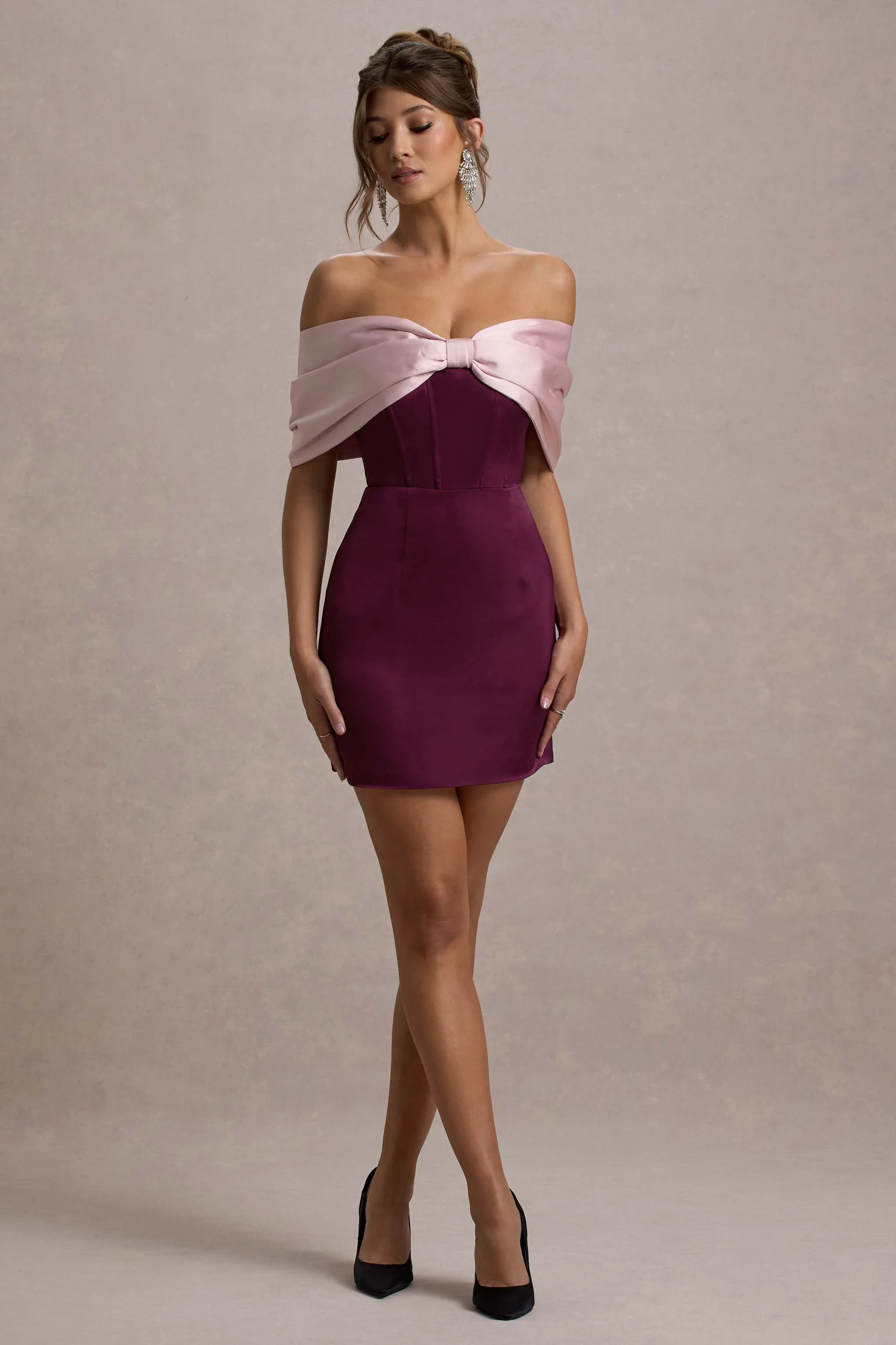 Linley | Burgundy & Pink Satin Bow Bardot Mini Dress - Image 4
