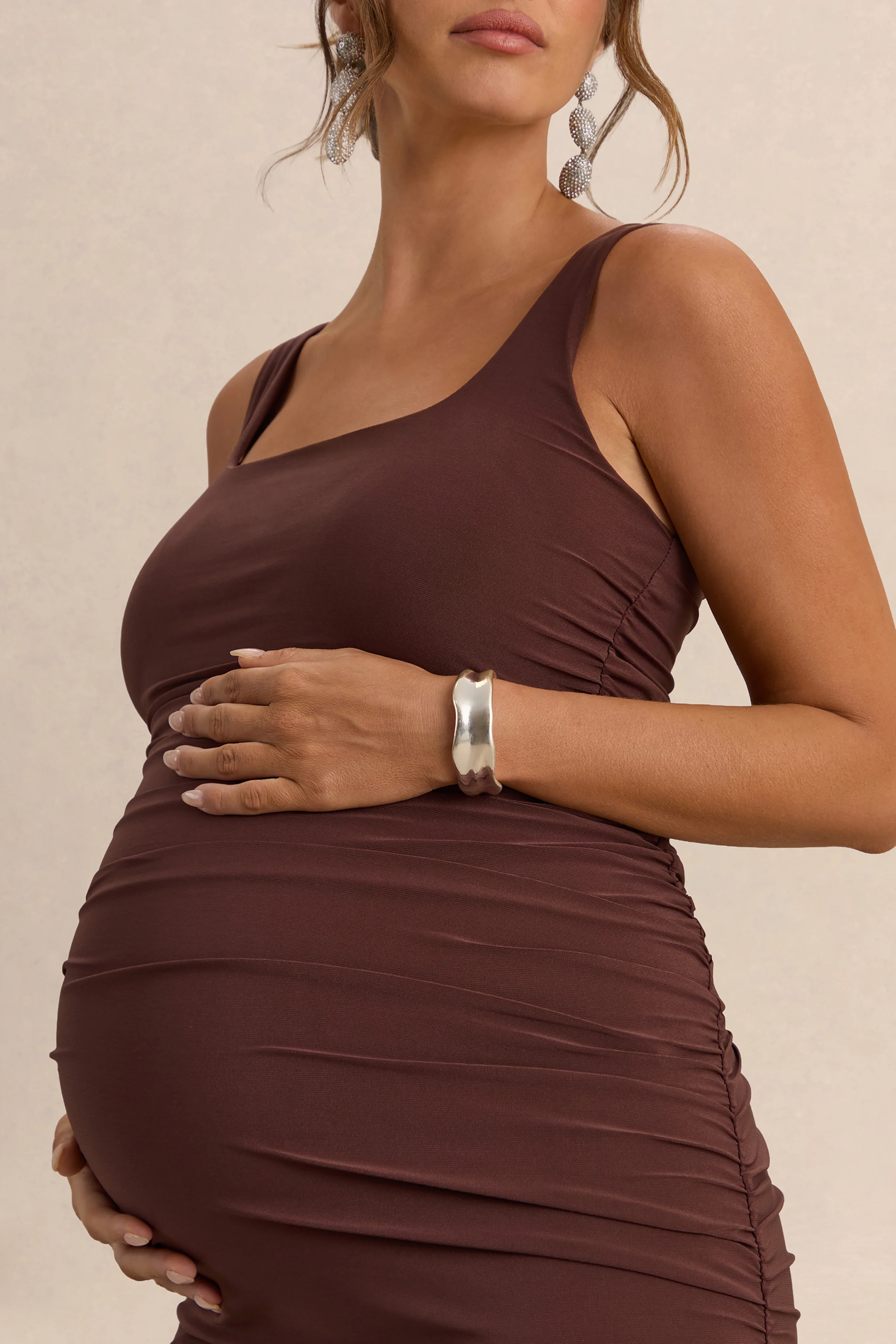 Lisbon | Brown Maternity Square Neck Ruched Midi Dress - Image 3
