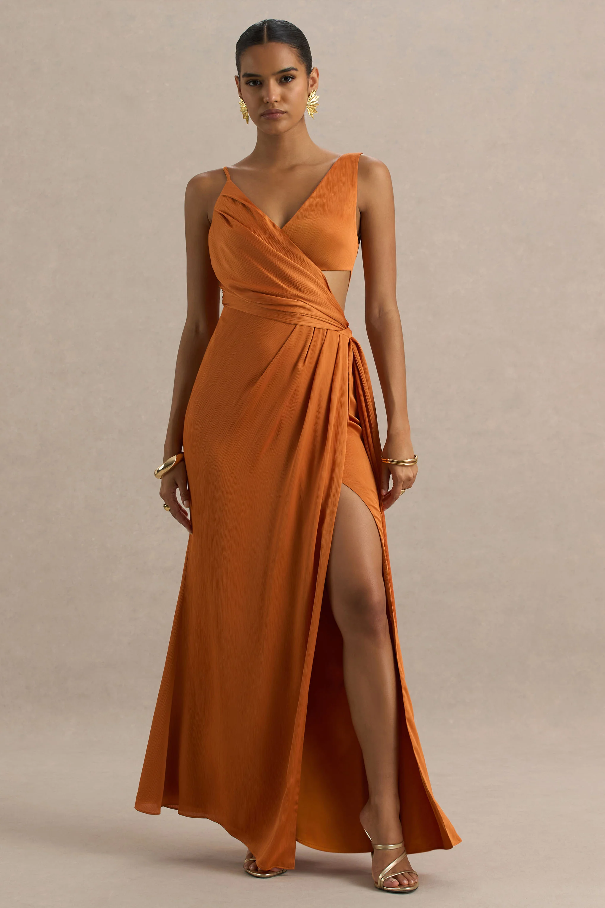Livia | Orange Plunge-Neck Fishtail Maxi Dress - Image 3