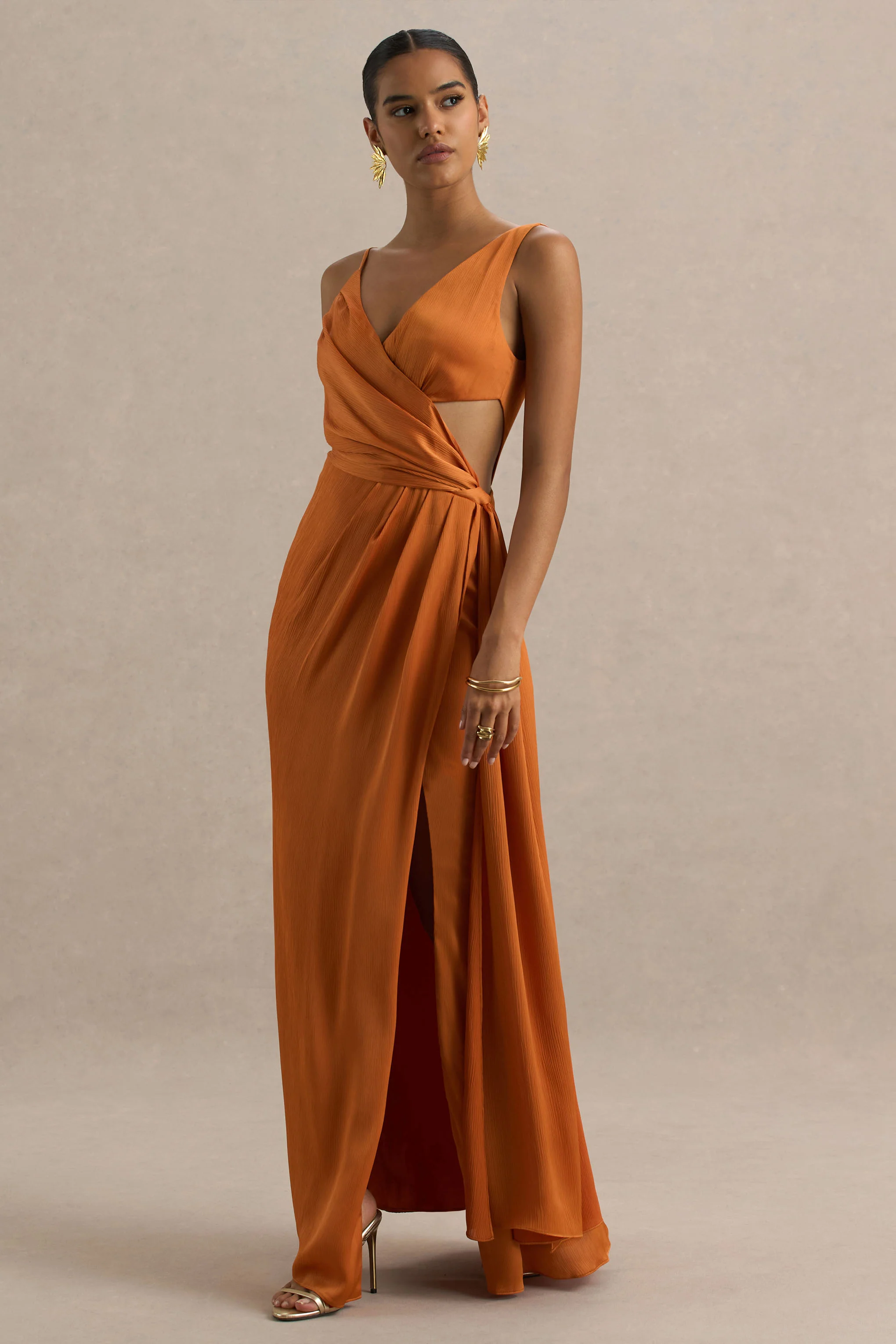 Livia | Orange Plunge-Neck Fishtail Maxi Dress - Image 4