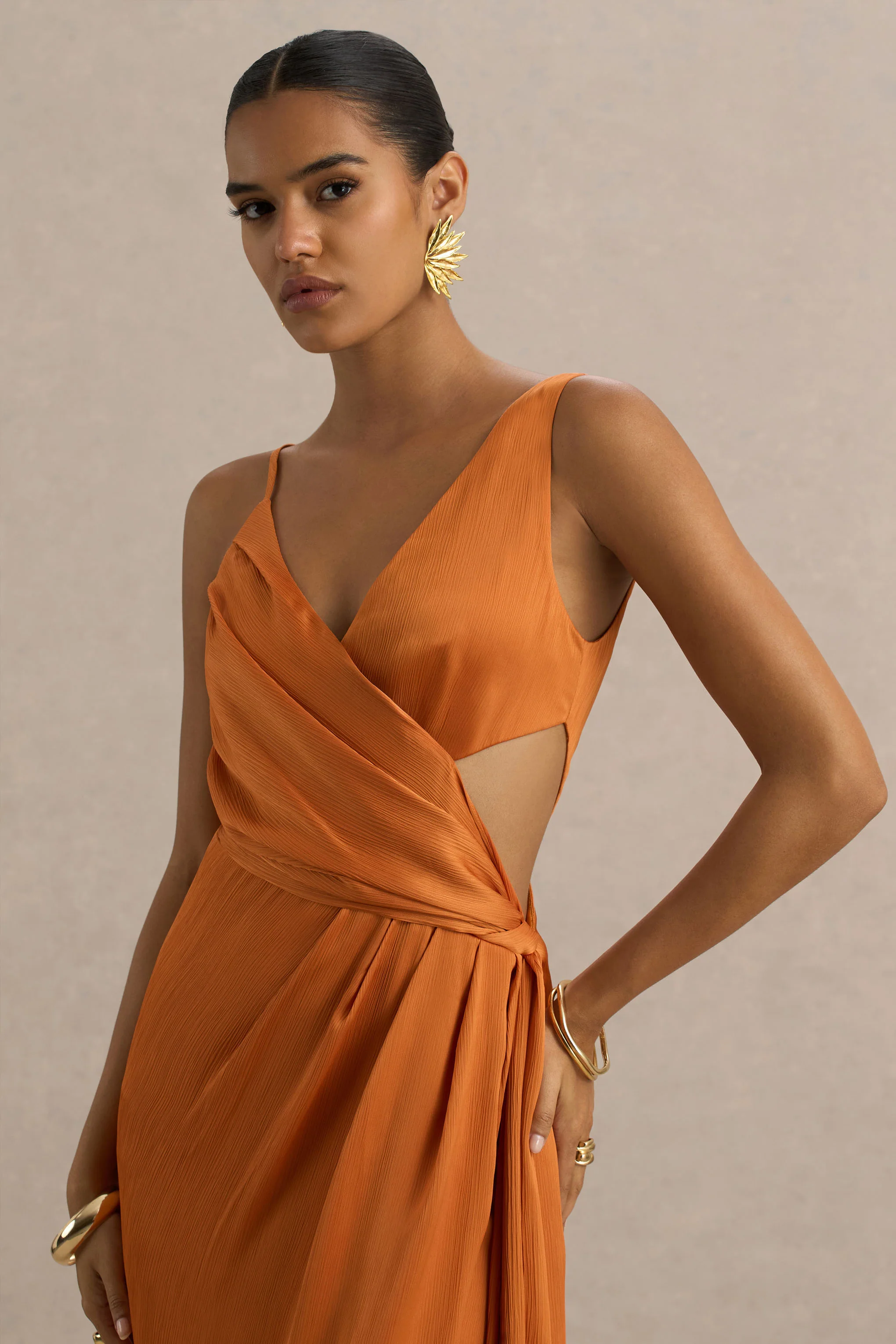 Livia | Orange Plunge-Neck Fishtail Maxi Dress - Image 5