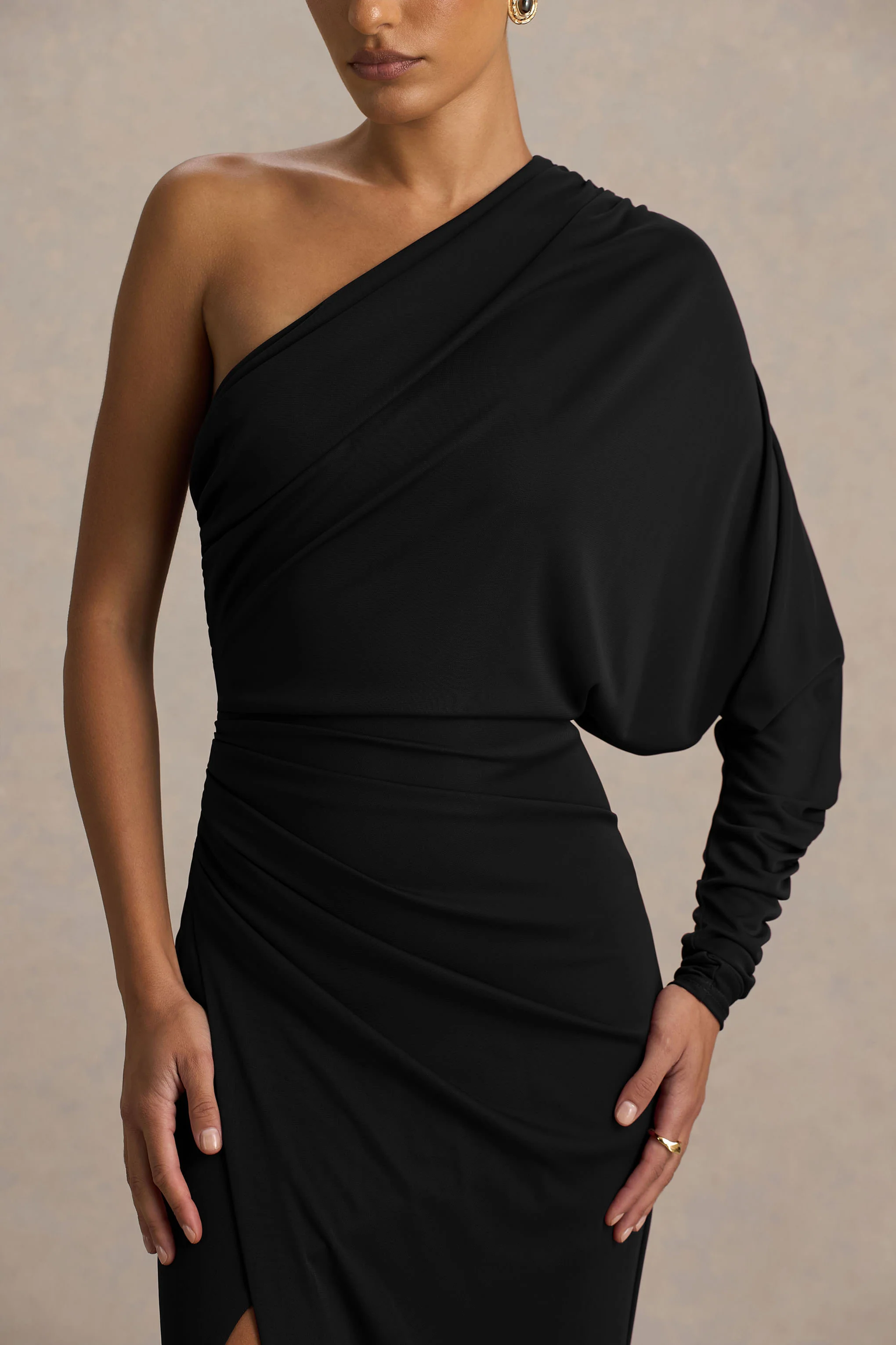 Lola | Black Asymmetric-Neck Maxi Dress With Ruched Detailing And Front High-Split - Image 3