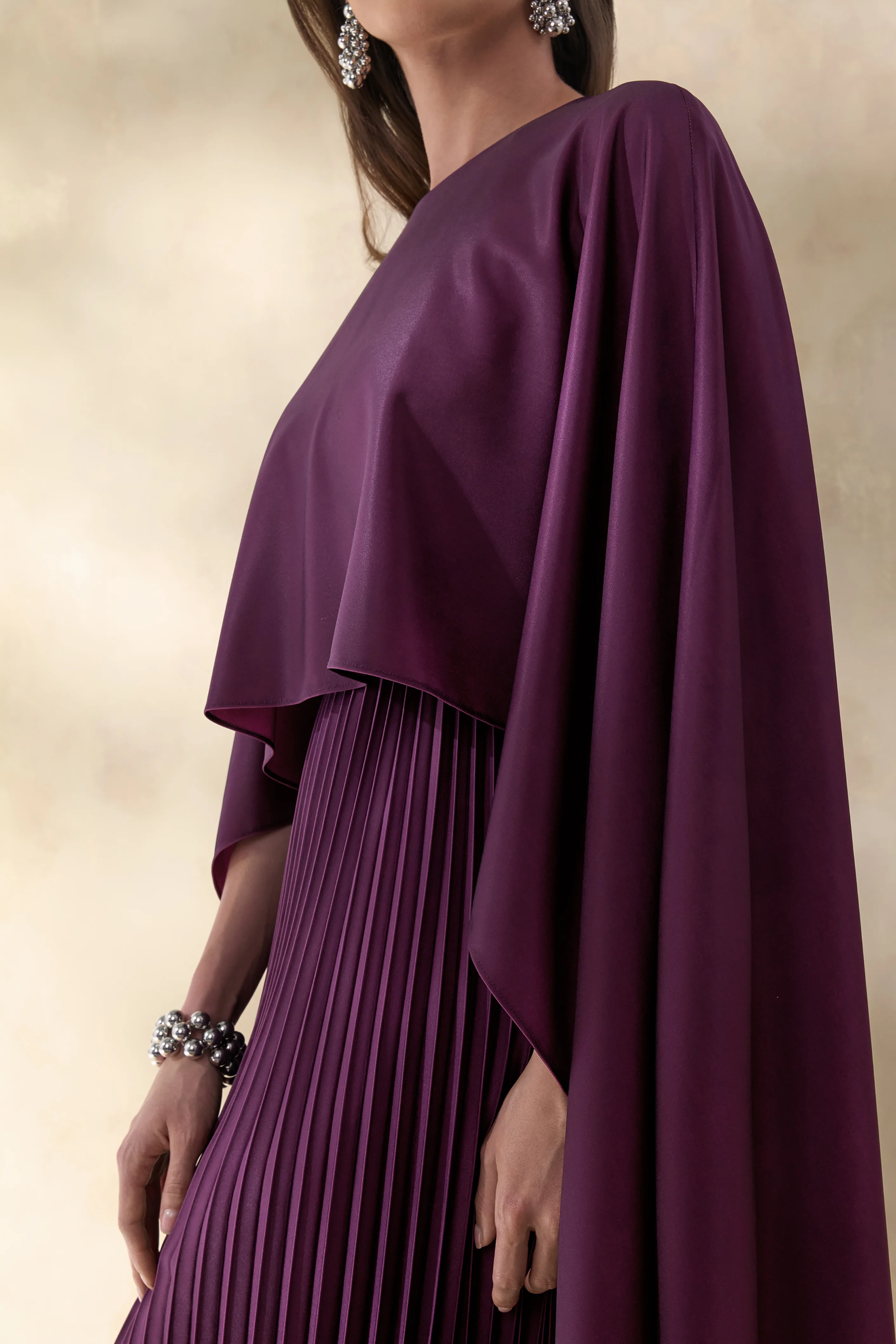 Loradia | Dark Plum Satin Round-Neck Maxi Dress With Cape-Sleeves And Pleated-Skirt - Image 3