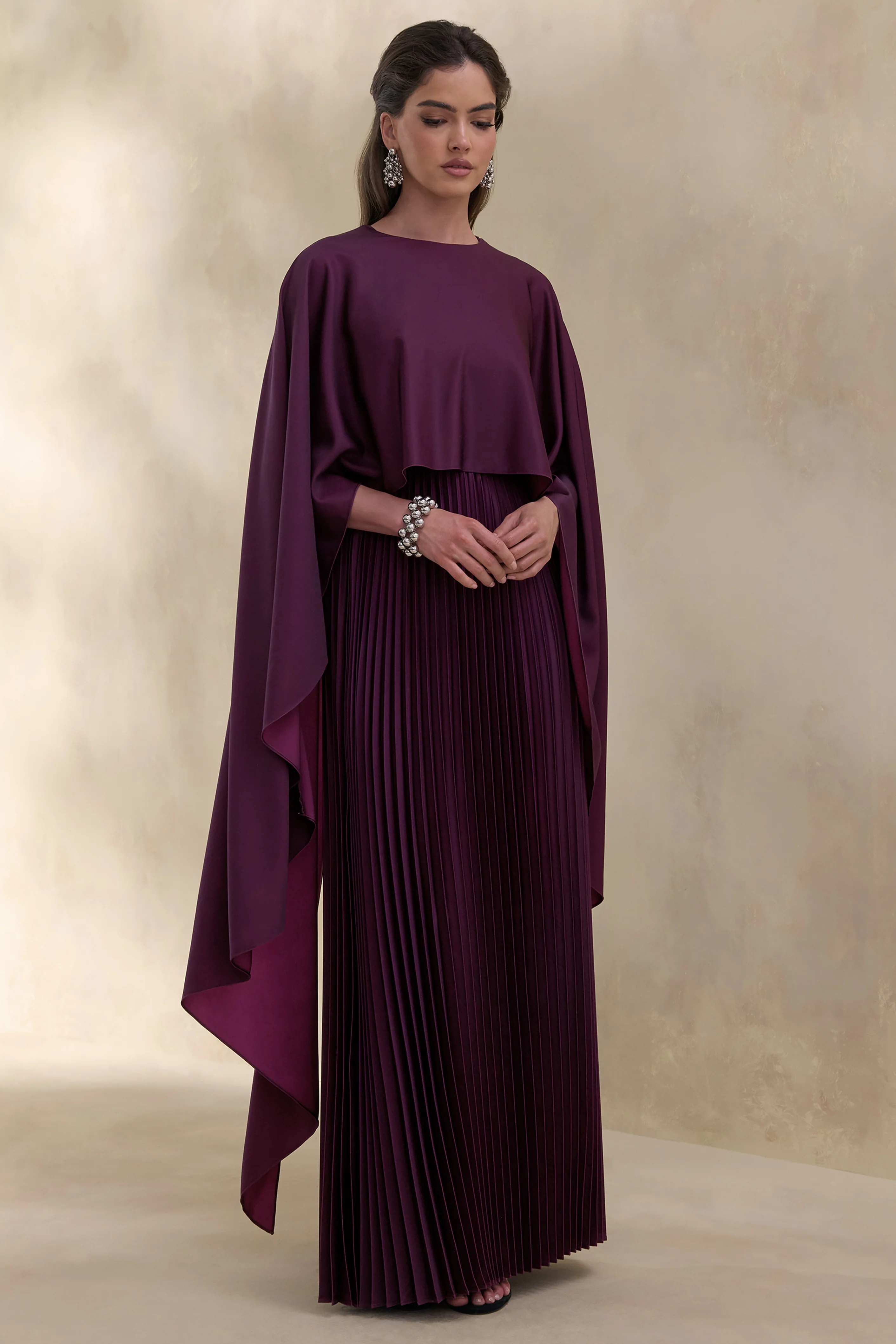 Loradia | Dark Plum Satin Round-Neck Maxi Dress With Cape-Sleeves And Pleated-Skirt - Image 4