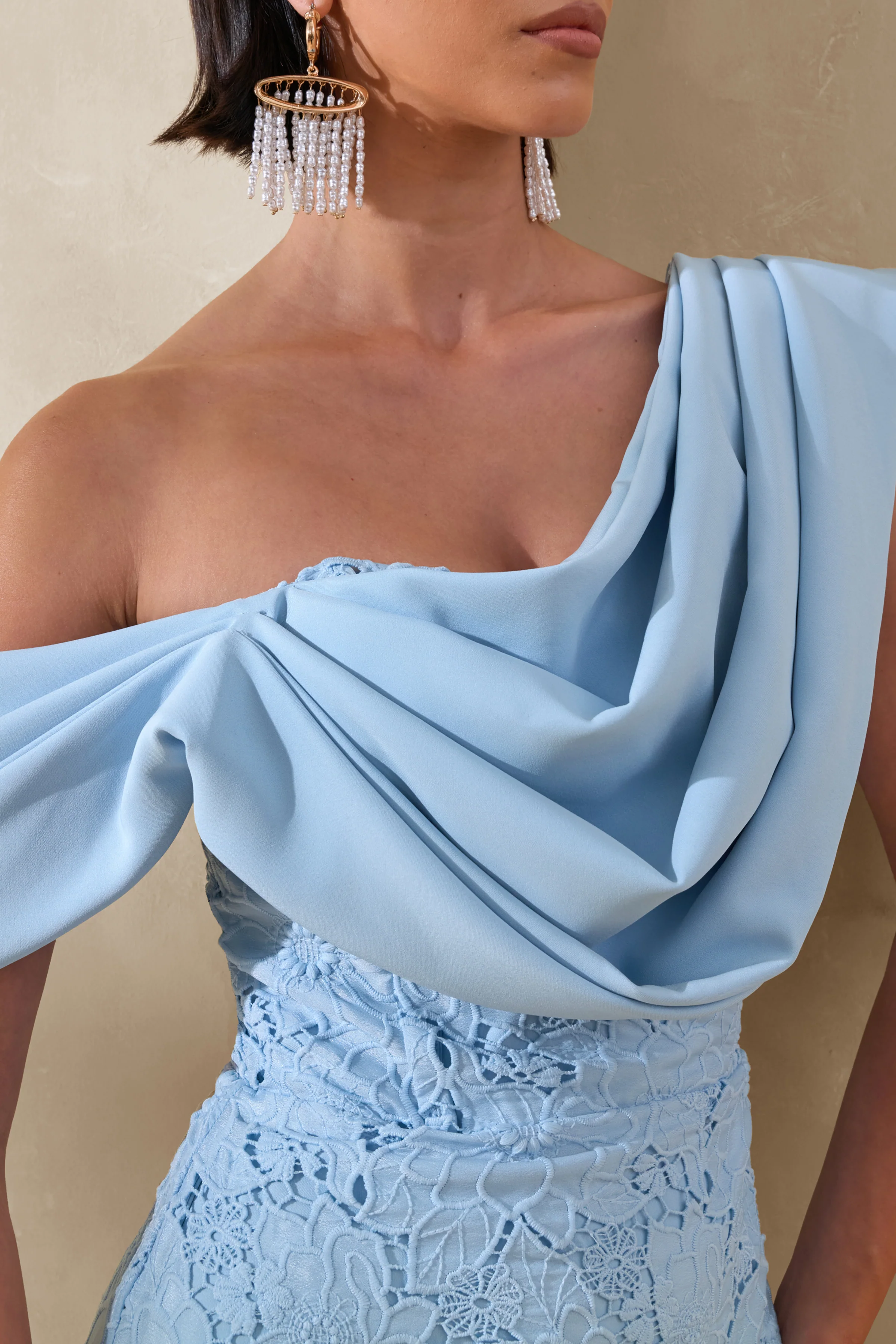 Loria | Powder Blue Lace Asymmetric-Neck Midi Dress With Draped Detailing - Image 3