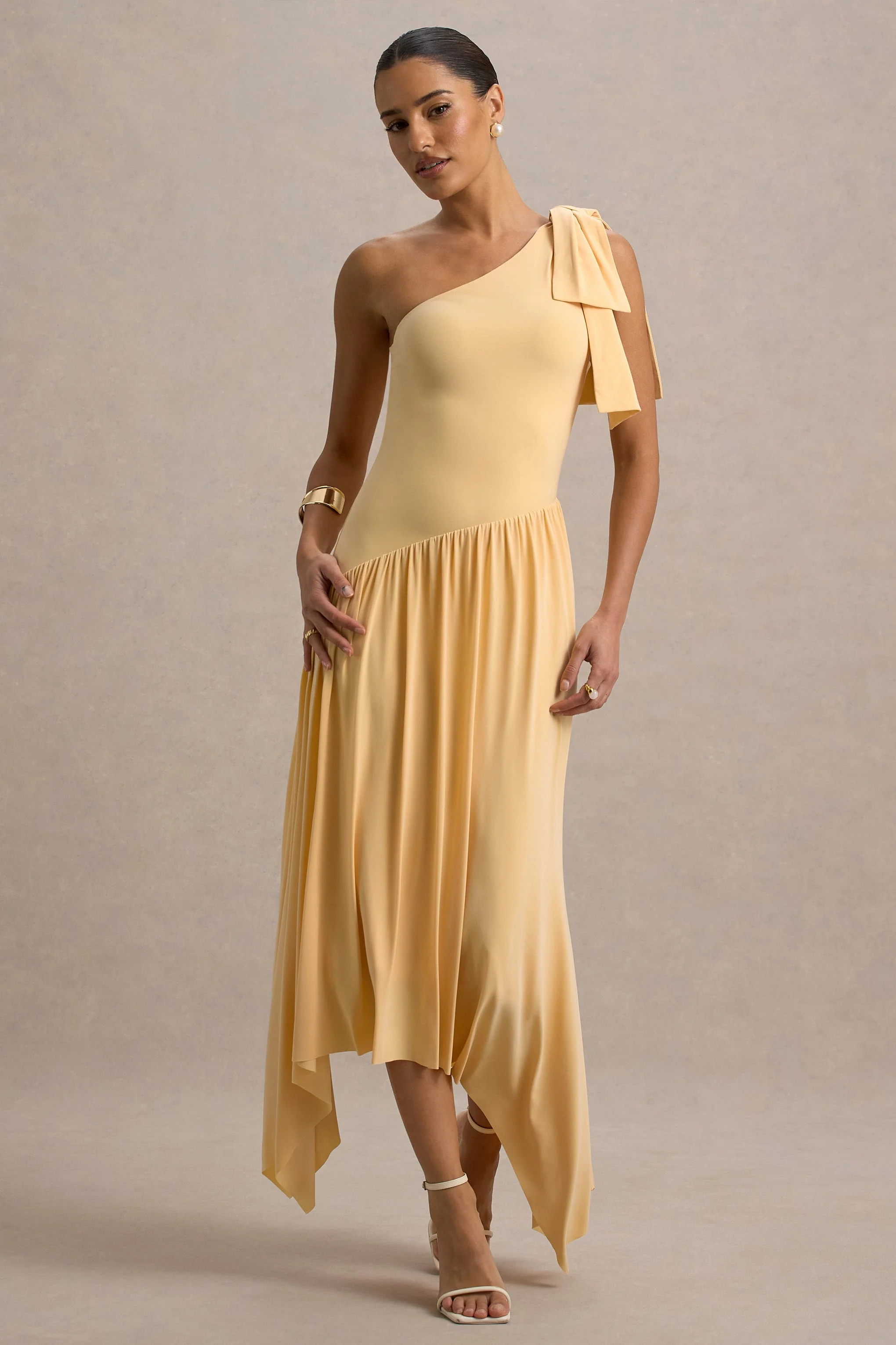 Lotus Love | Orange One-Shoulder Hanky-Hem Maxi Dress With Bow - Image 5