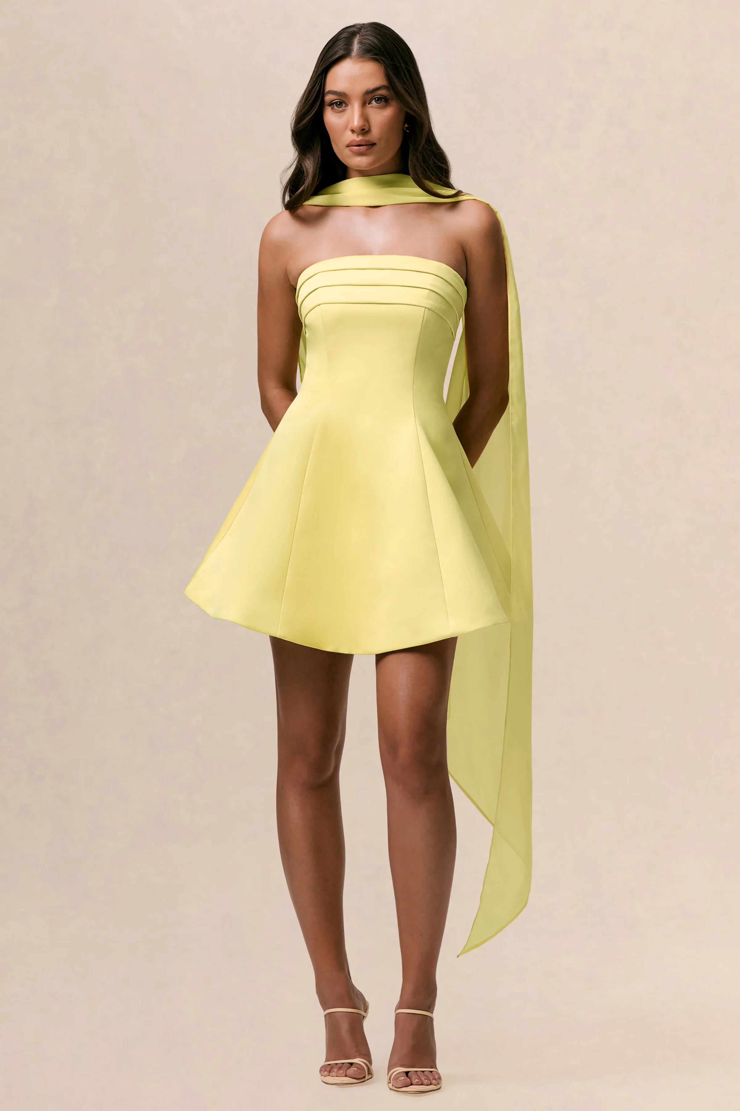 Love Me | Lemon Satin Skater Mini Dress With Chiffon Scarf