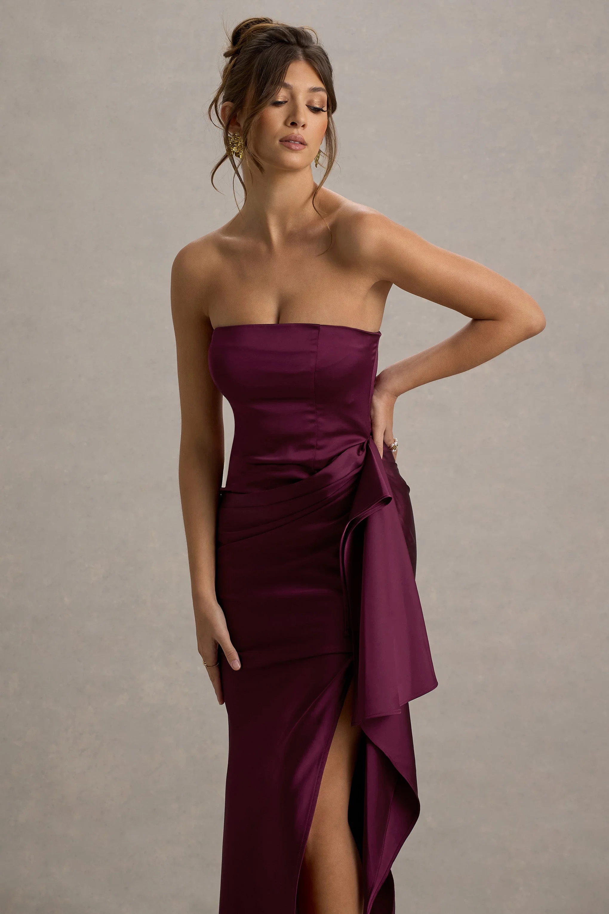 Loz | Burgundy Satin Bandeau Draped Maxi Dress - Image 3
