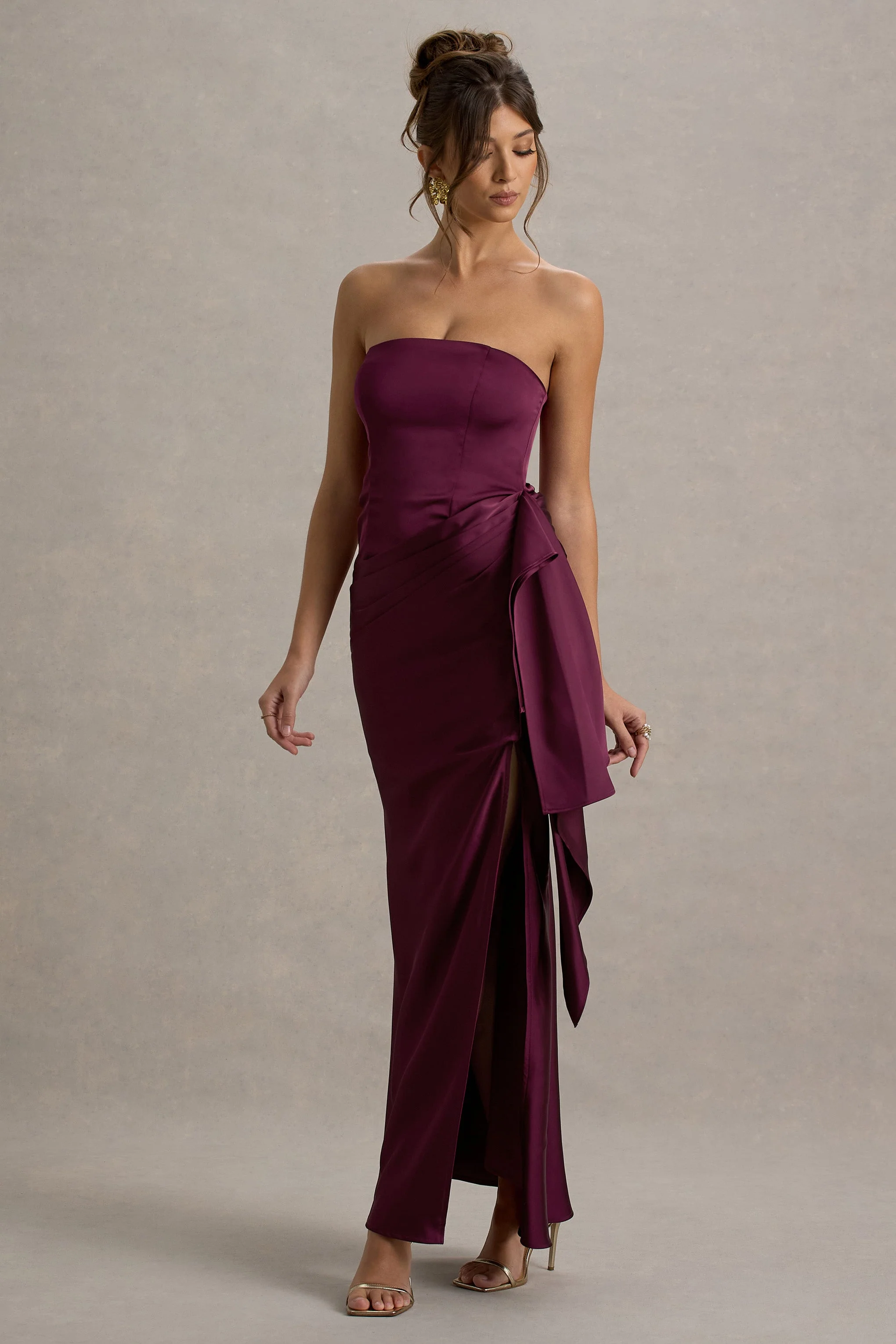 Loz | Burgundy Satin Bandeau Draped Maxi Dress - Image 4