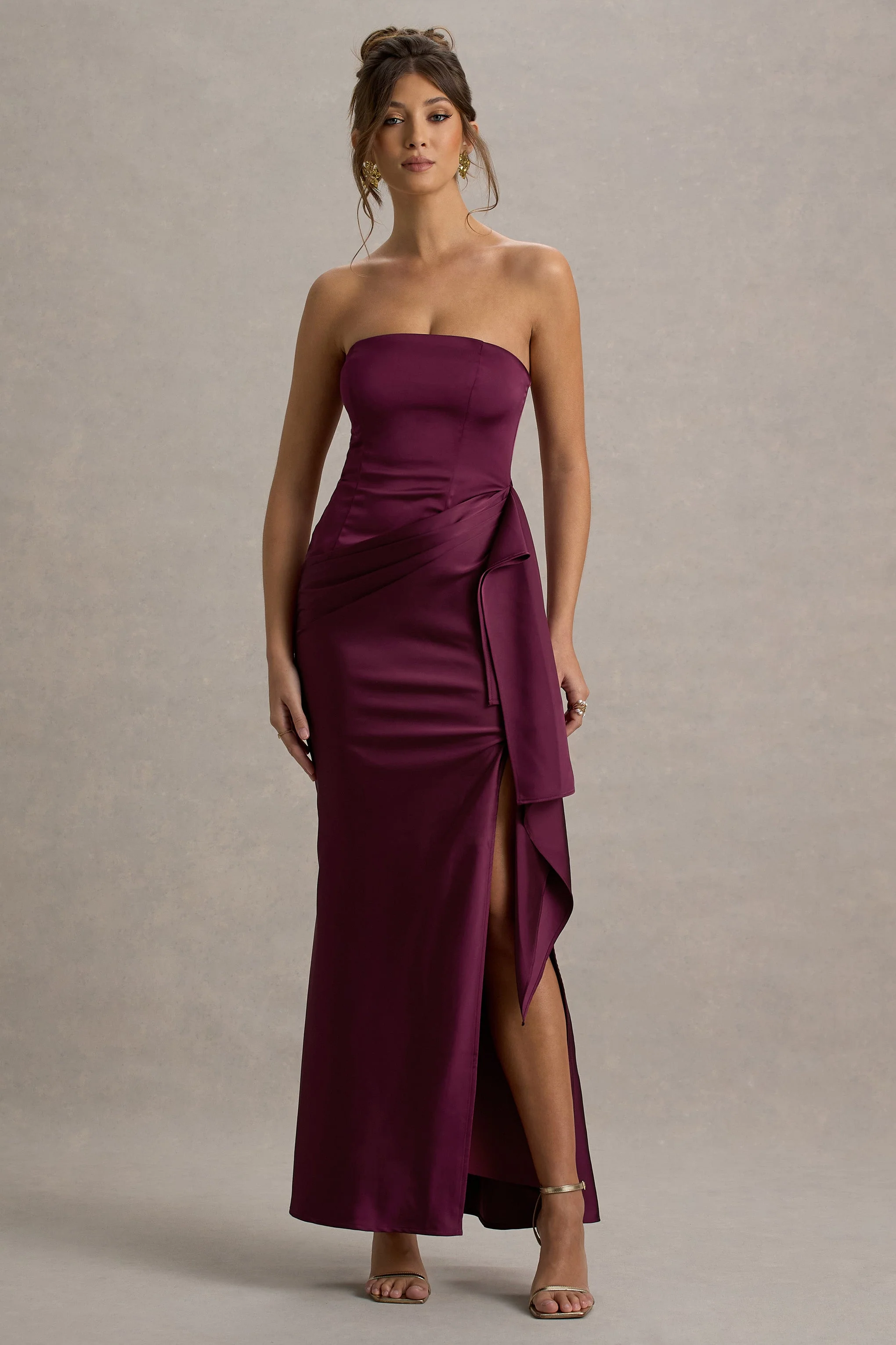 Loz | Burgundy Satin Bandeau Draped Maxi Dress - Image 5