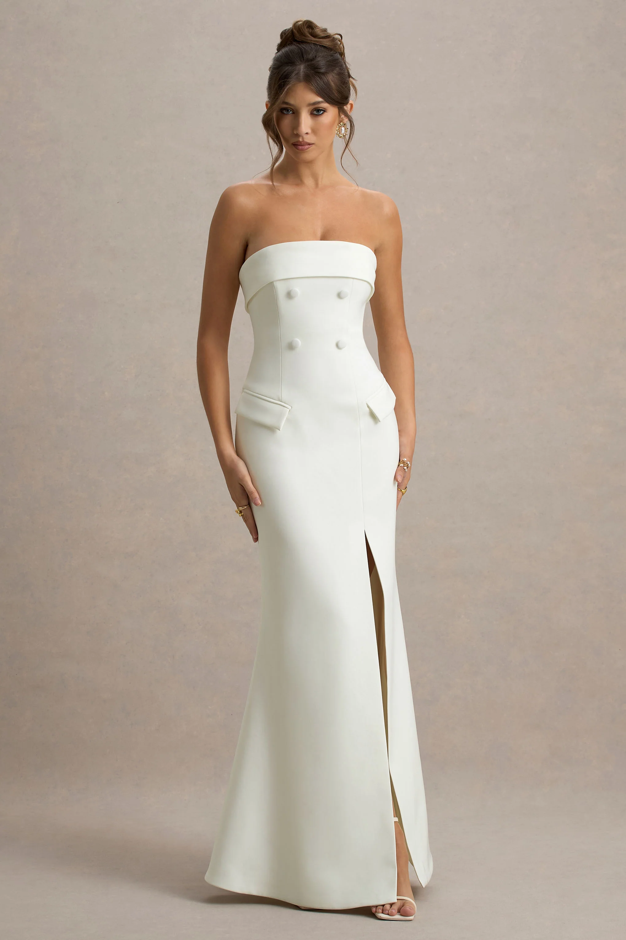Lucia | Cream Bandeau Tailored Maxi Dress With Split - Image 5