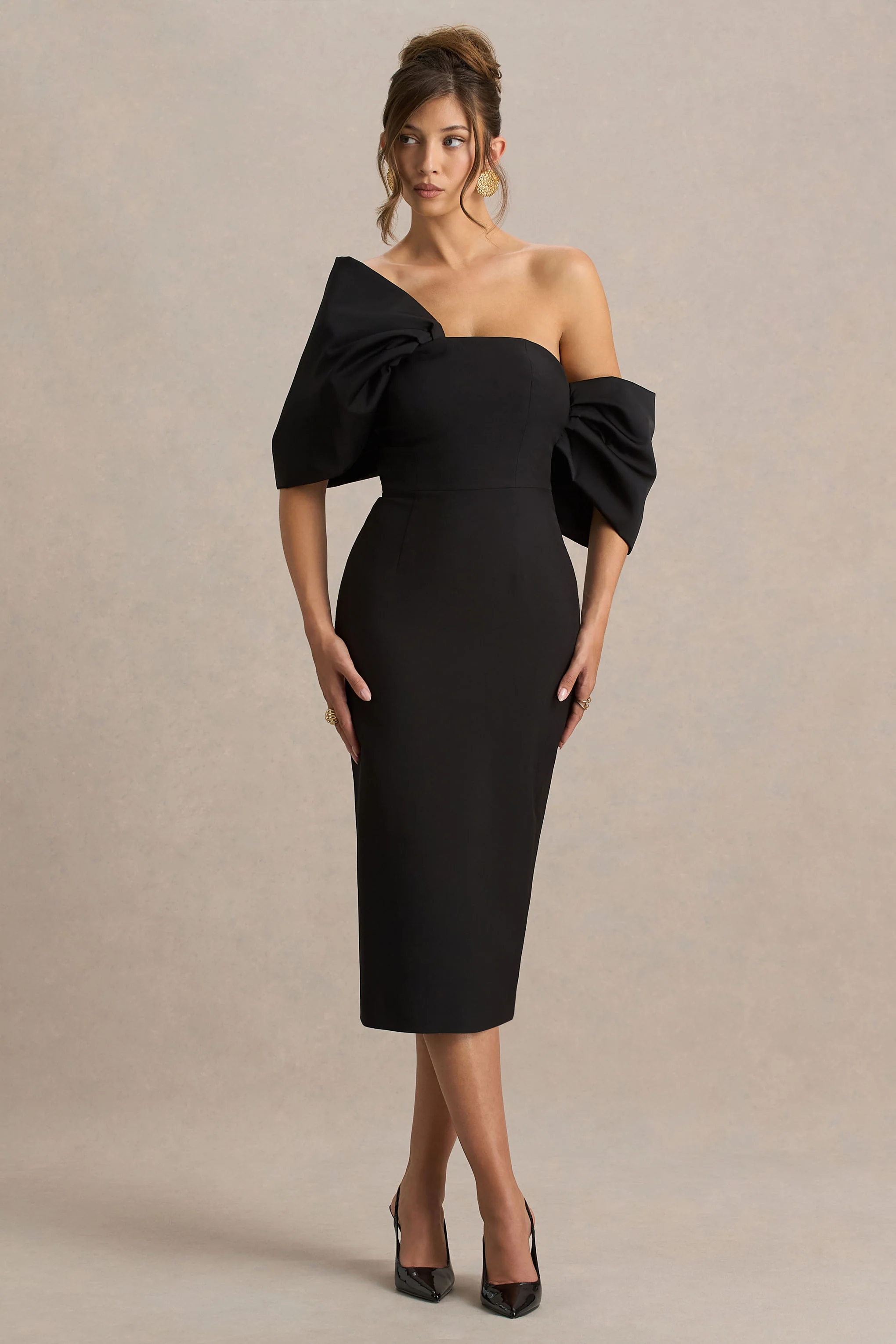 Lucille | Black Asymmetric Bardot Midi Dress With Bow Detail - Image 2