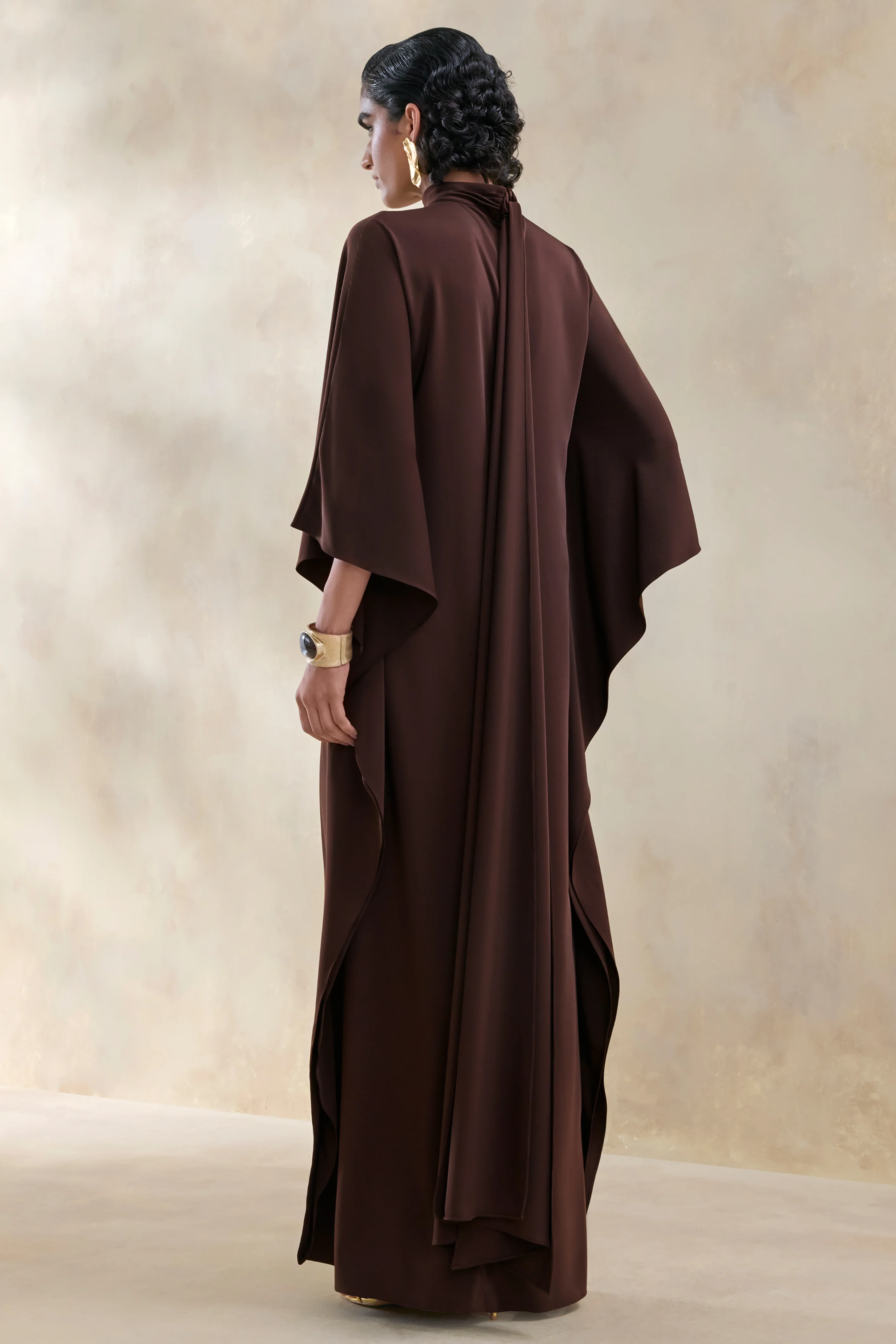 Lumisette | Brown Satin High-Neck Maxi Dress With Cape - Image 2