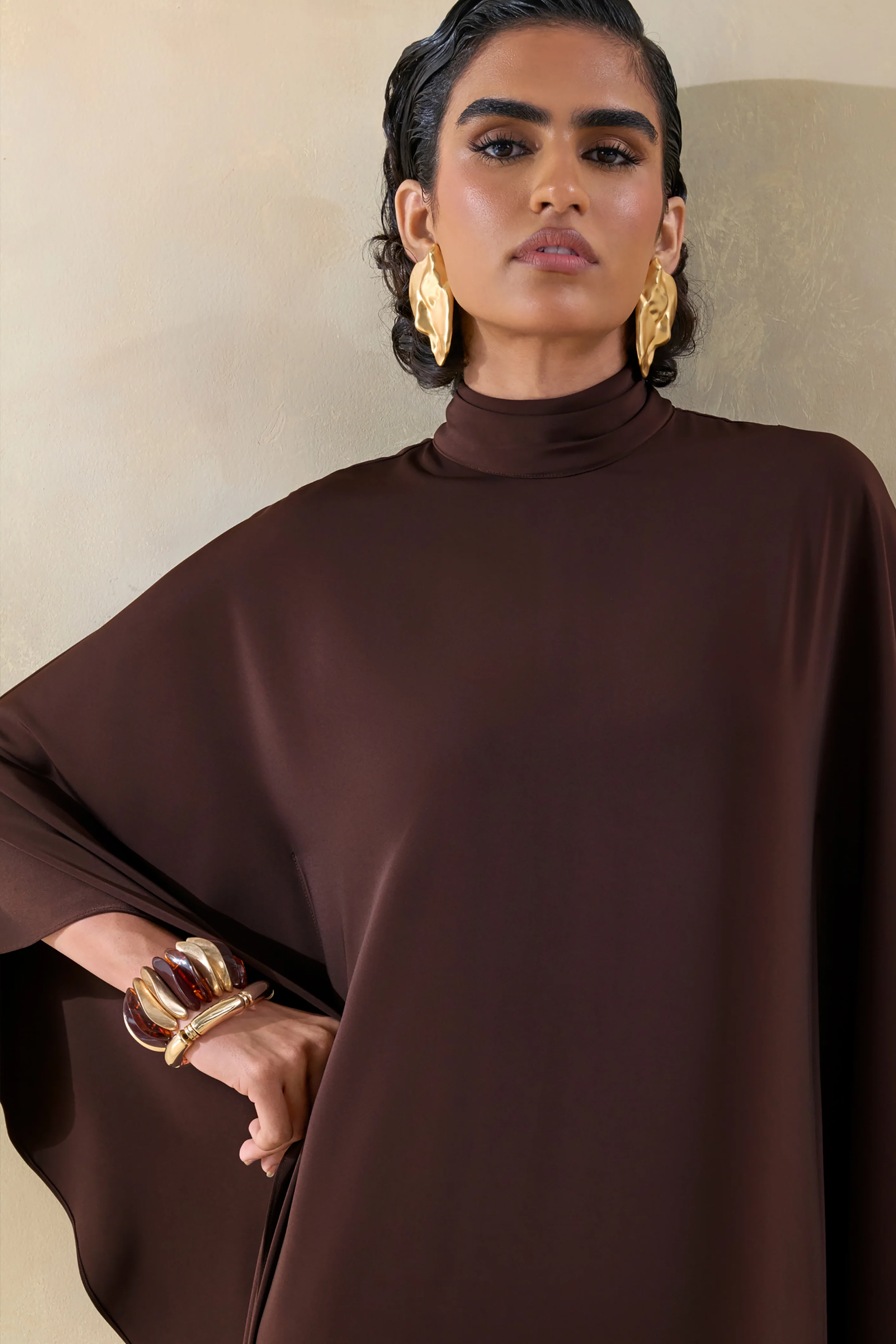 Lumisette | Brown Satin High-Neck Maxi Dress With Cape - Image 3