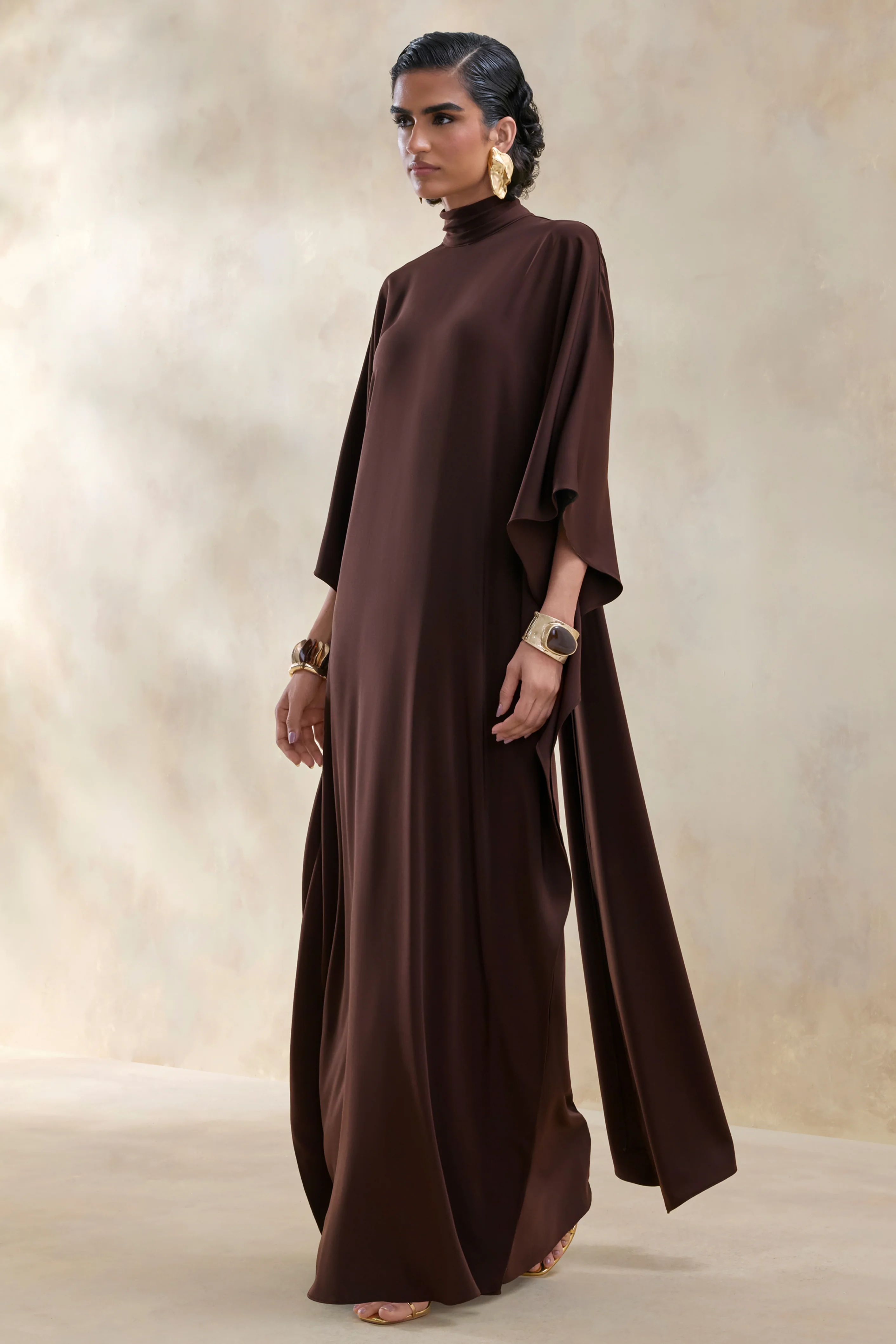 Lumisette | Brown Satin High-Neck Maxi Dress With Cape - Image 4