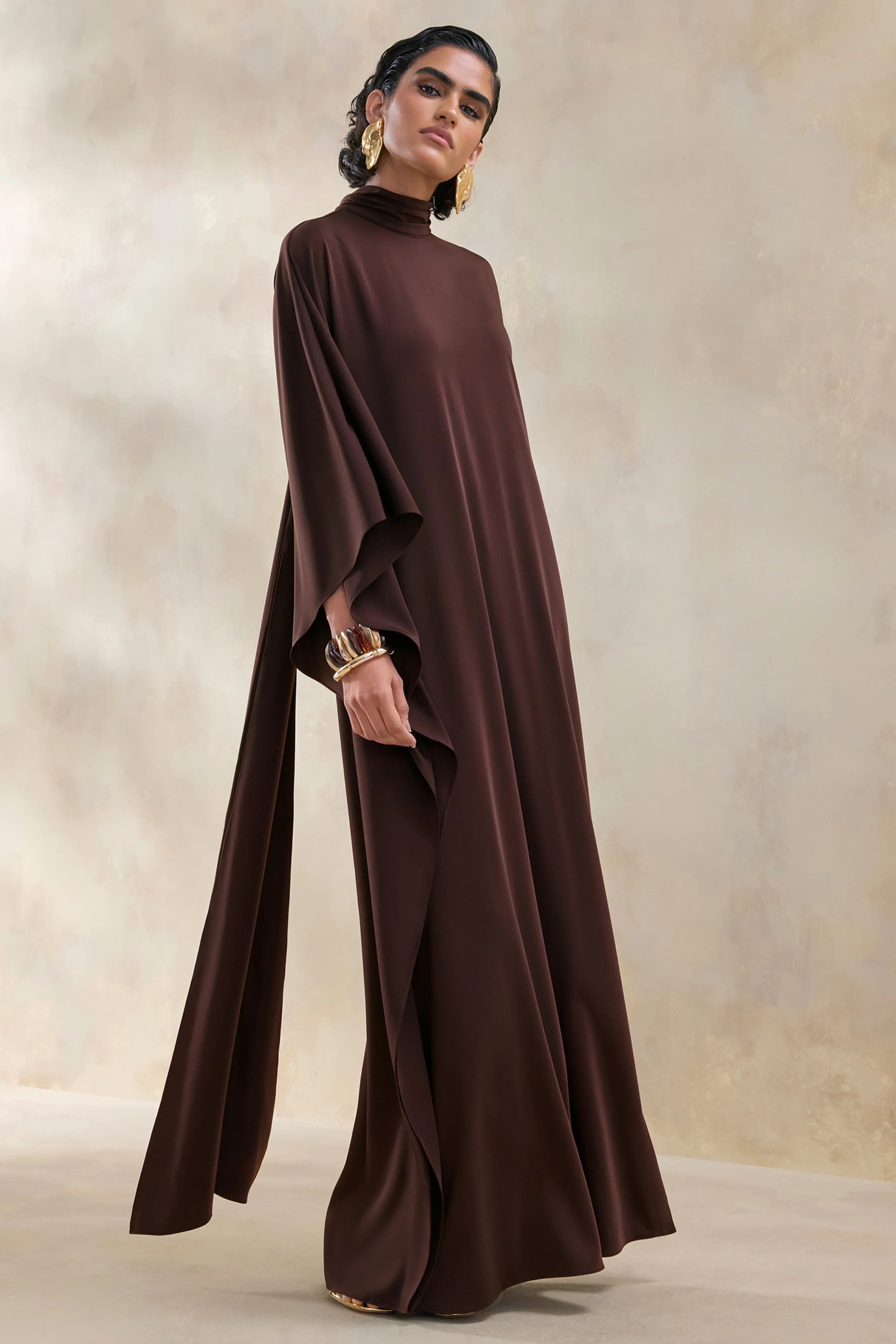 Lumisette | Brown Satin High-Neck Maxi Dress With Cape - Image 5