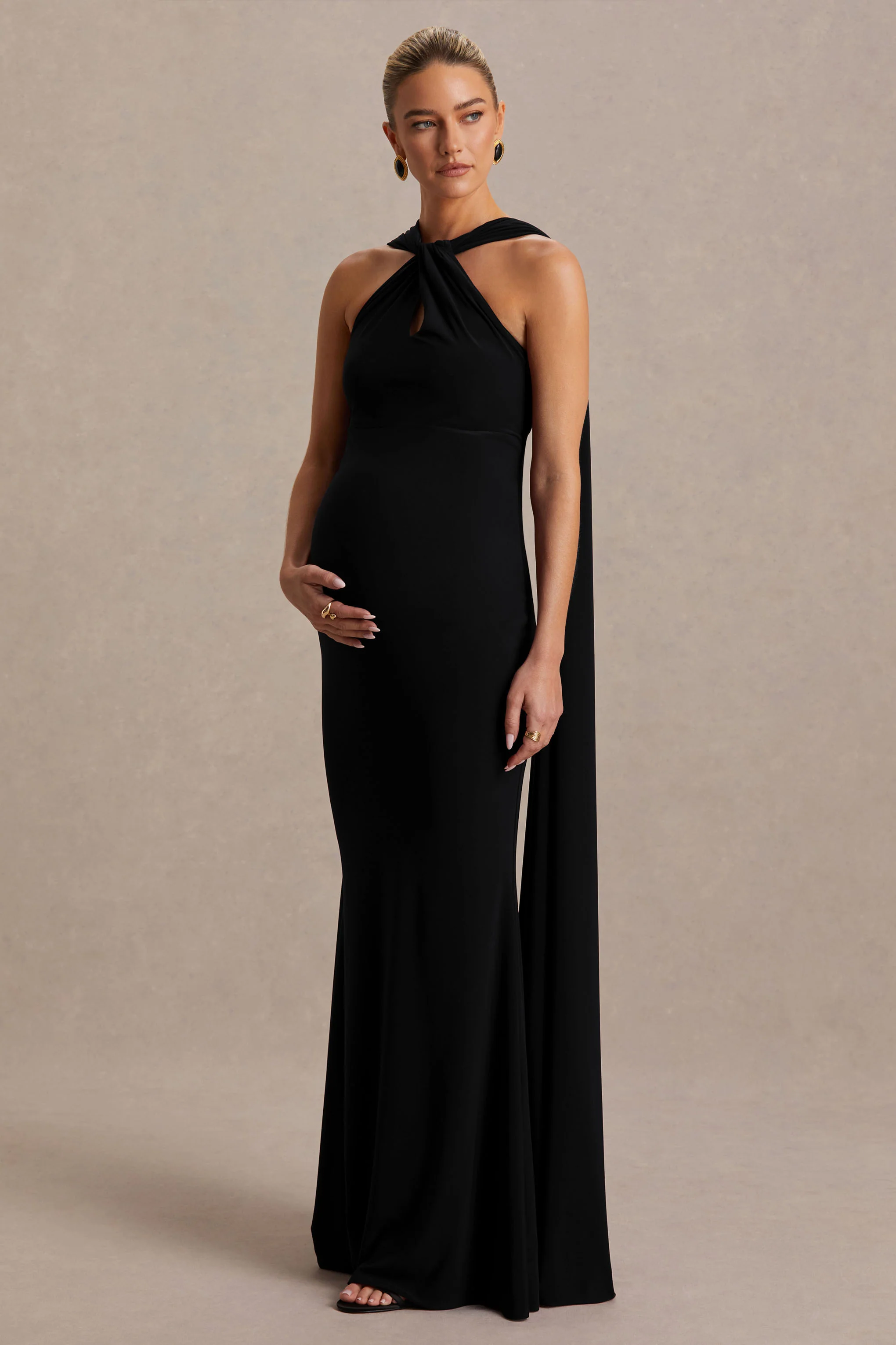 Lyra | Black Cross Halter-Neck Maternity Maxi Dress With Cape - Image 5