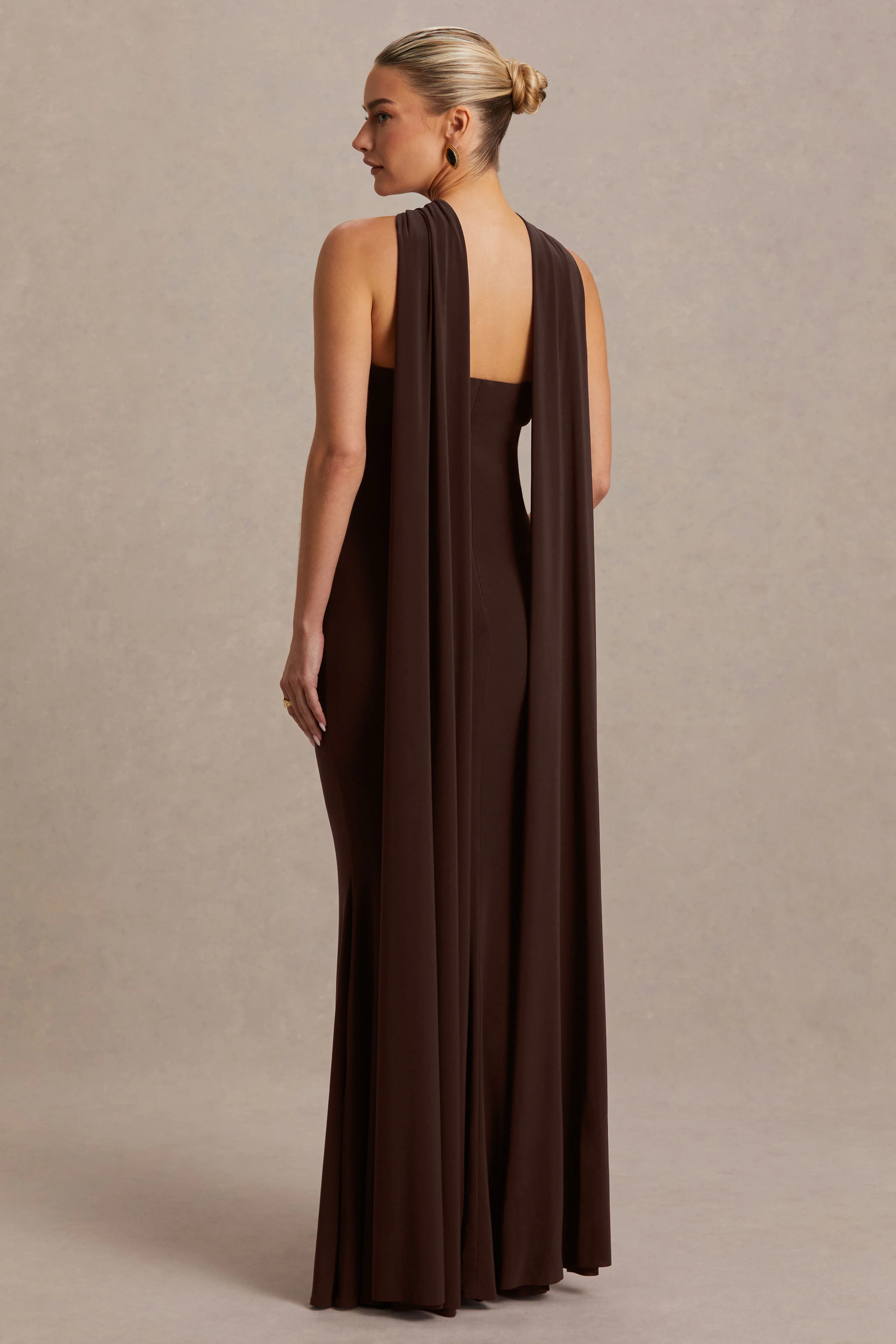 Lyra | Brown Cross Halter-Neck Maternity Maxi Dress With Cape - Image 2