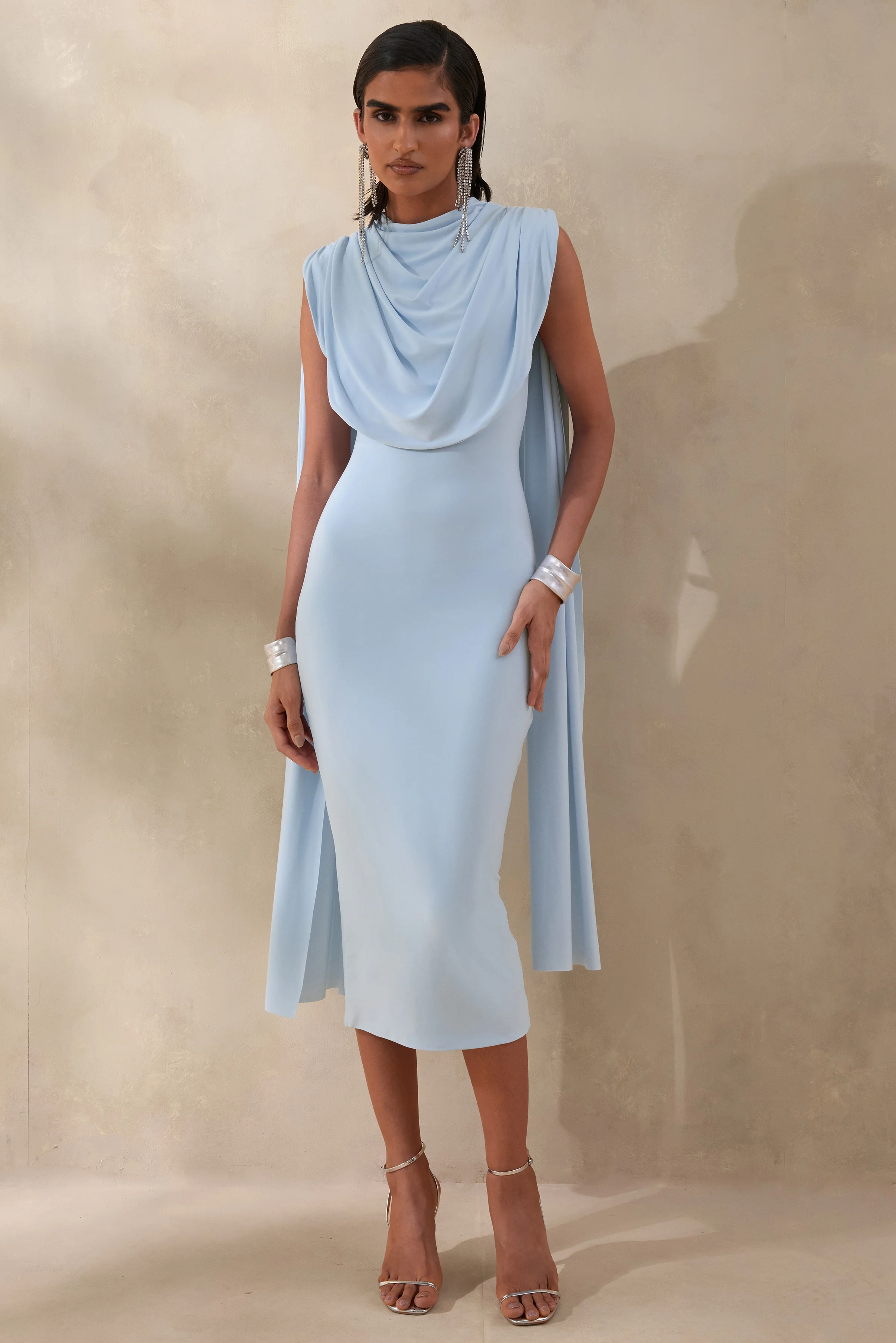 Lysandria | Powder Blue High-Neck Midi Dress With Draped-Detailing - Image 4