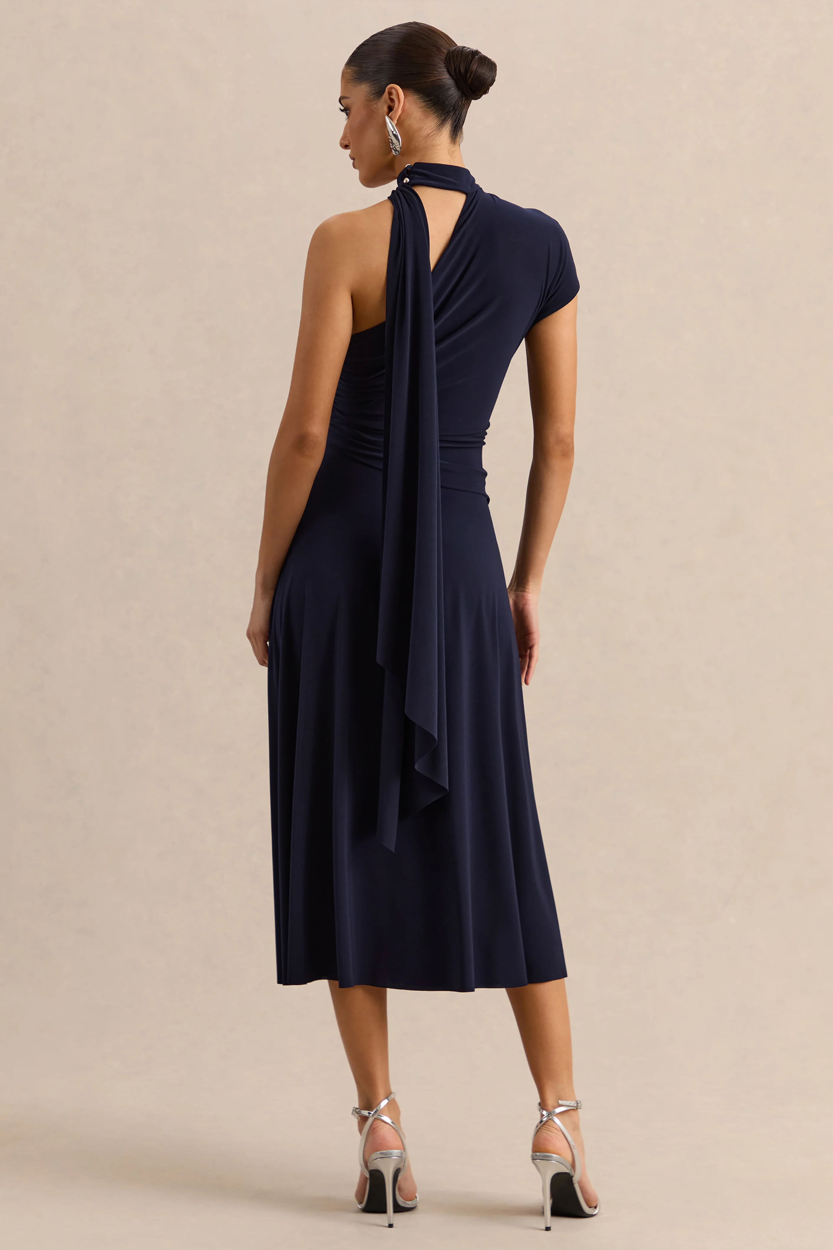 Lythara | Navy Asymmetric-Neck Midi Dress With Scarf-Detail - Image 2