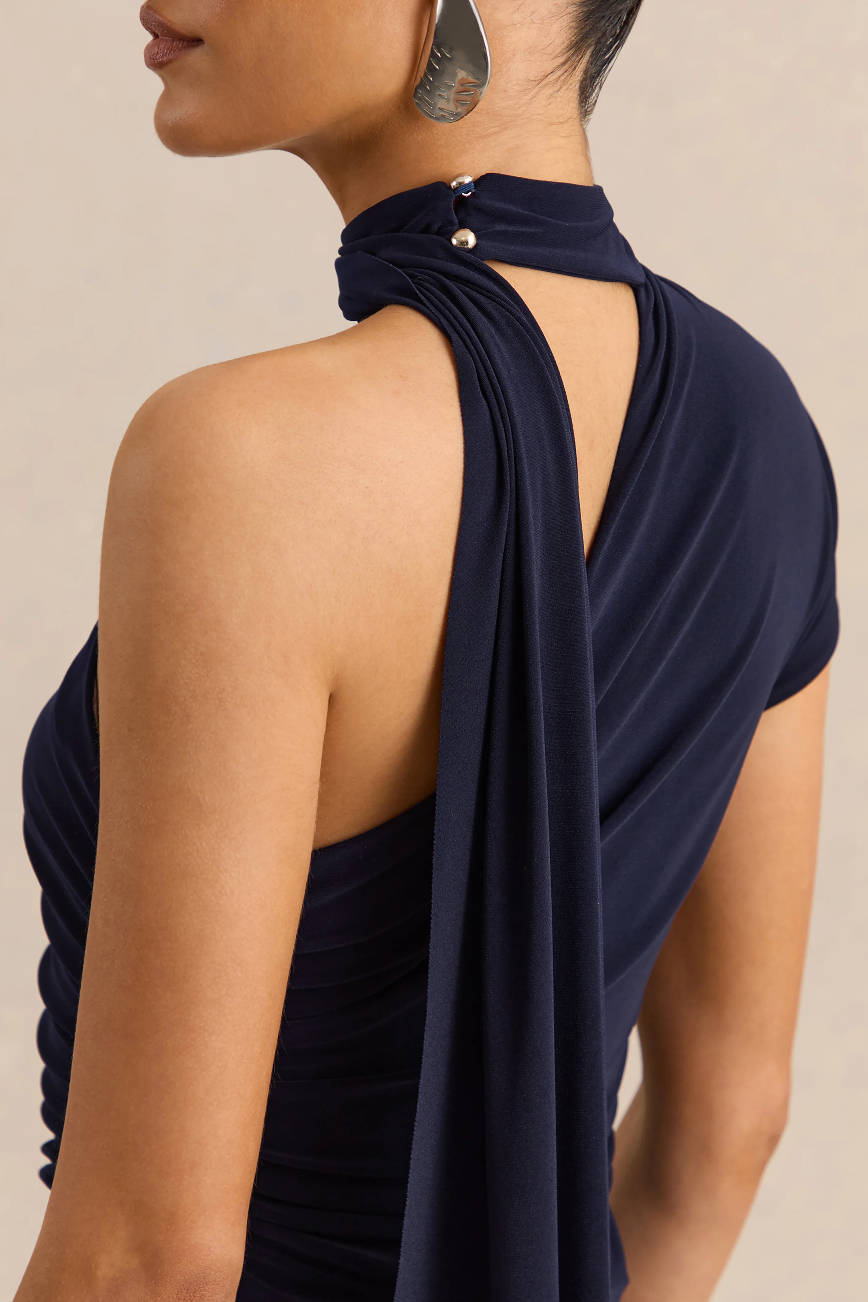 Lythara | Navy Asymmetric-Neck Midi Dress With Scarf-Detail - Image 8
