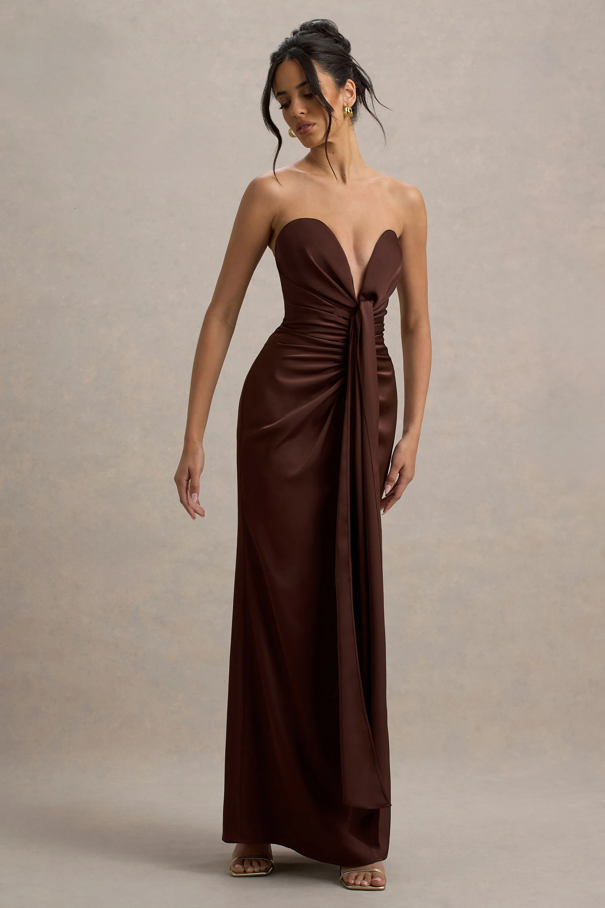 Mackenzie | Brown Satin Plunge-Neck Draped Maxi Dress - Image 5