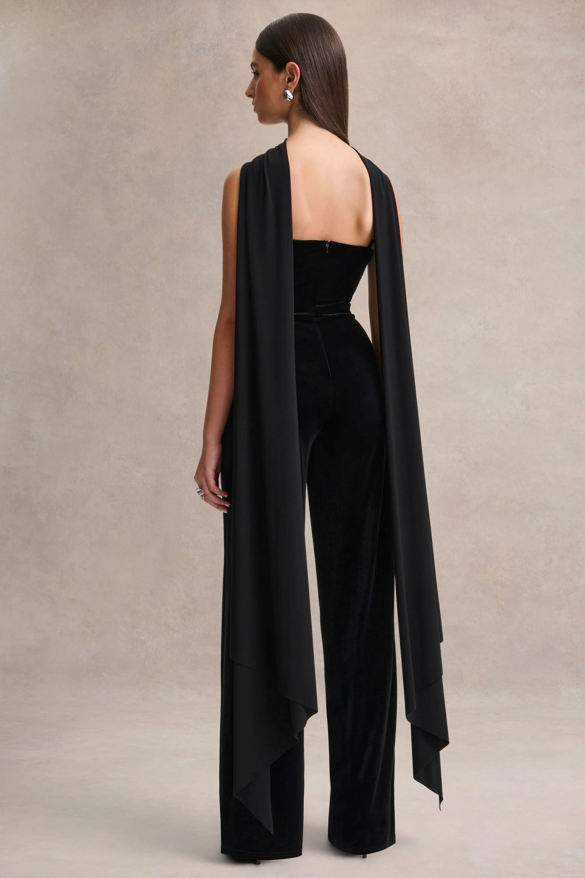 Madalina | Black High-Neck Jumpsuit With Scarf-Detail - Image 2
