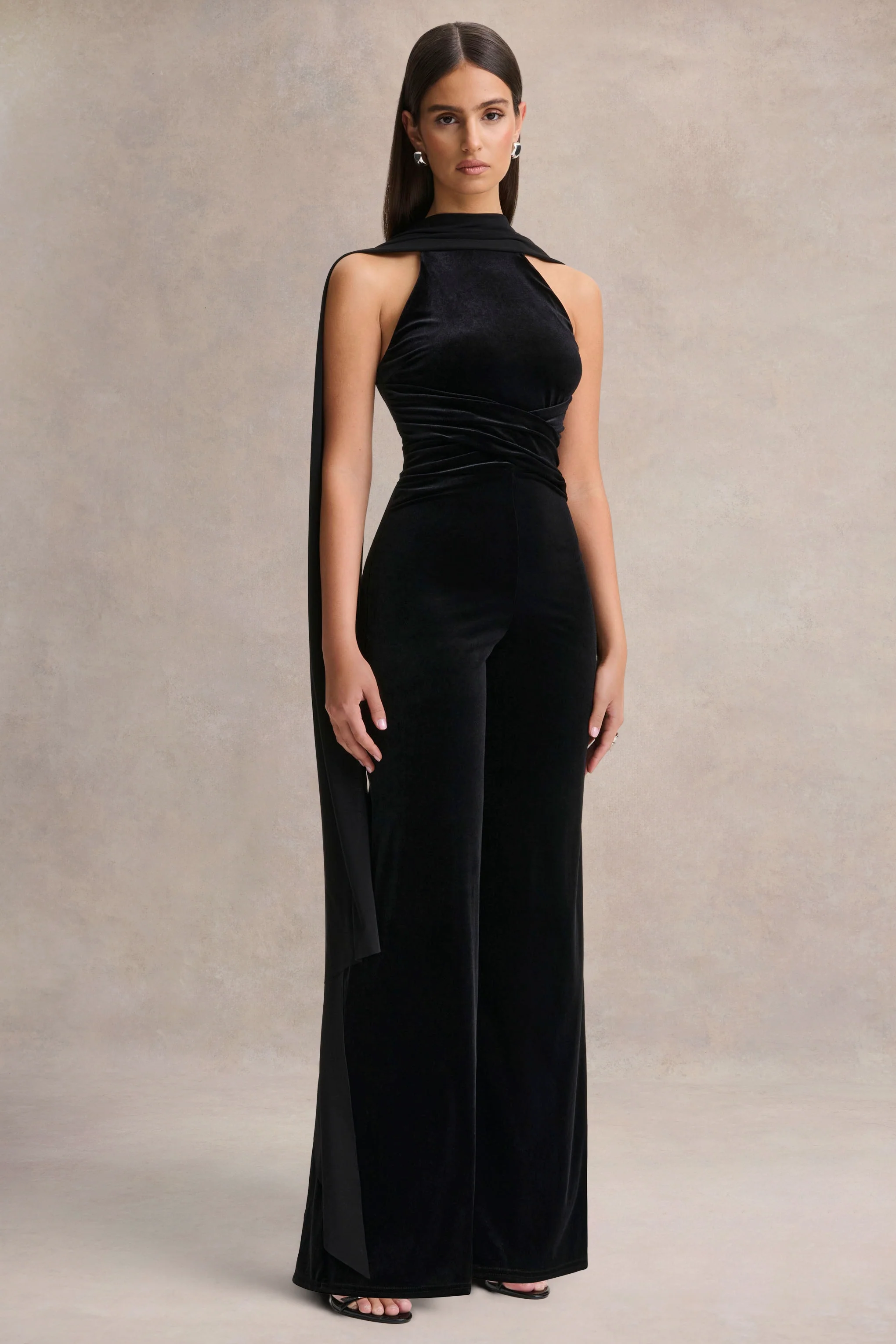 Madalina | Black High-Neck Jumpsuit With Scarf-Detail - Image 4
