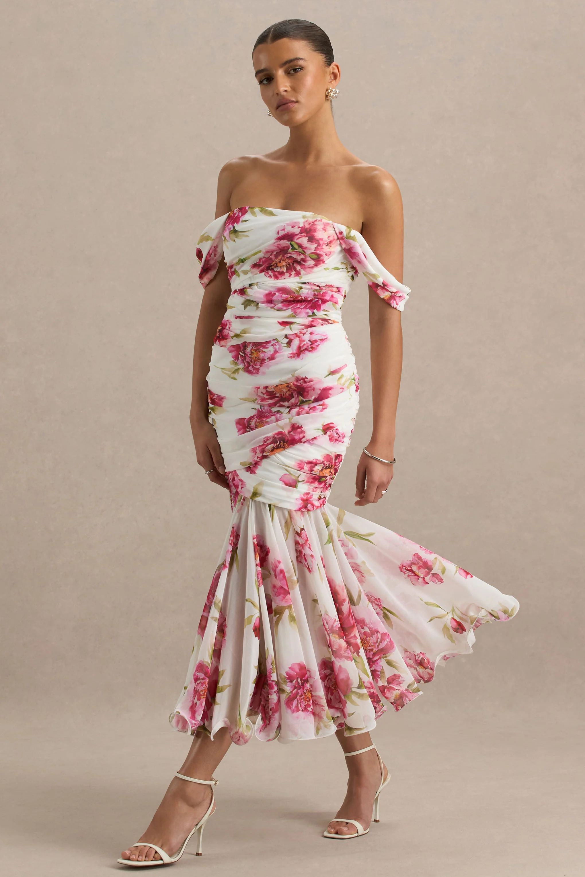Madelyn | Cream Floral Print Short-Sleeve Bardot Wrap Maxi Dress With Ruching - Image 6