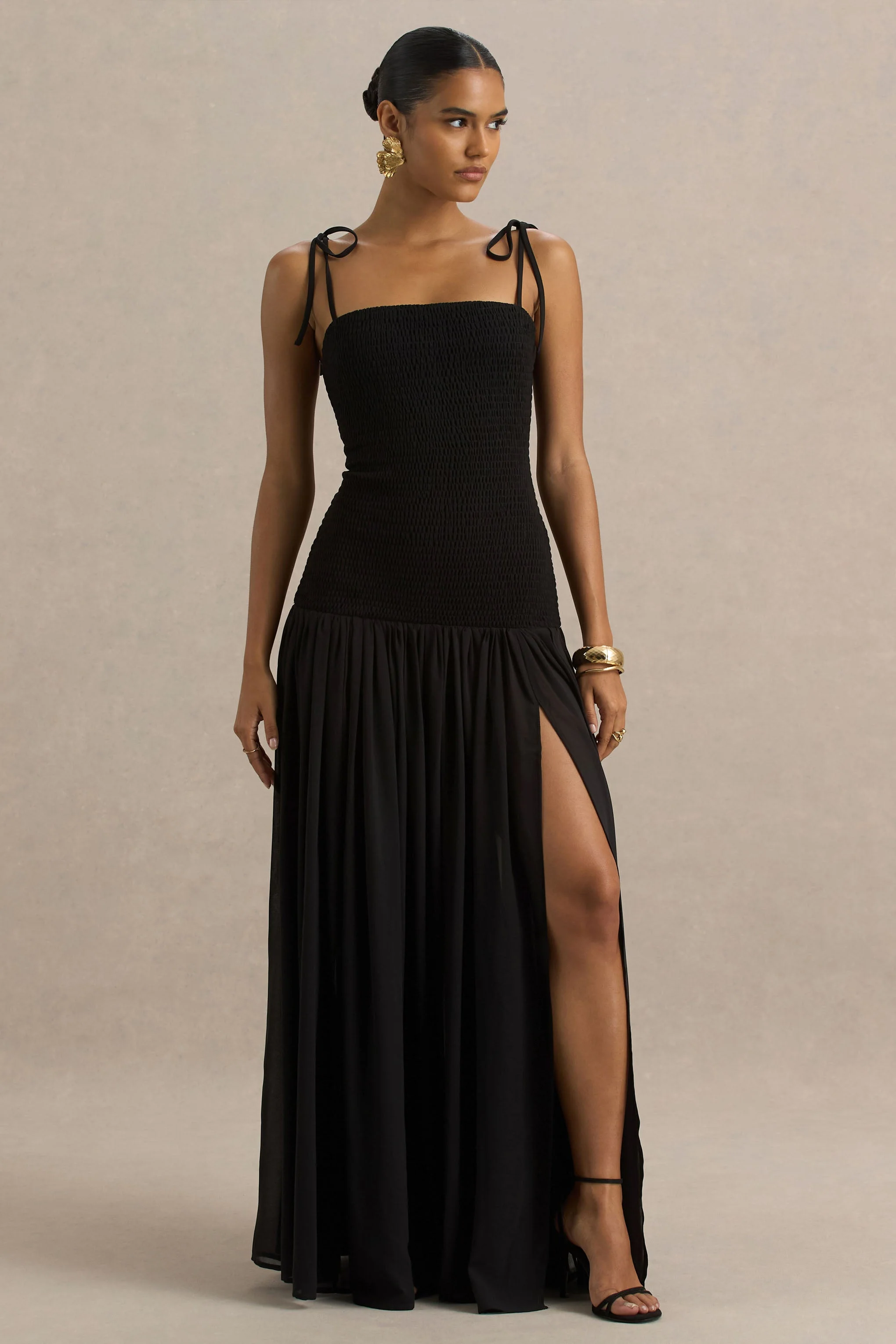 Maeva | Black Square-Neck Fishtail Maxi Dress With Ruched Detailing - Image 2