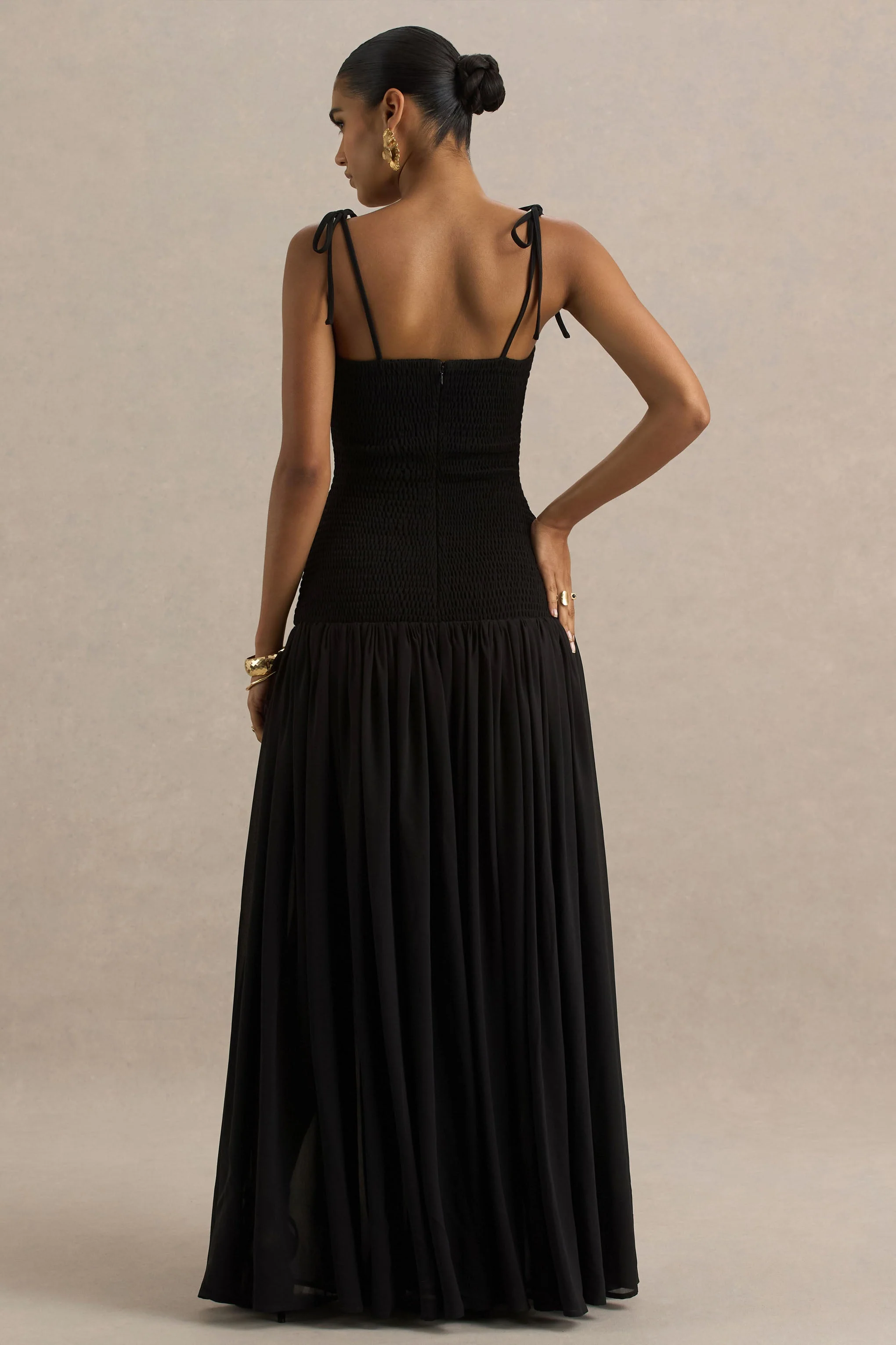 Maeva | Black Square-Neck Fishtail Maxi Dress With Ruched Detailing - Image 3