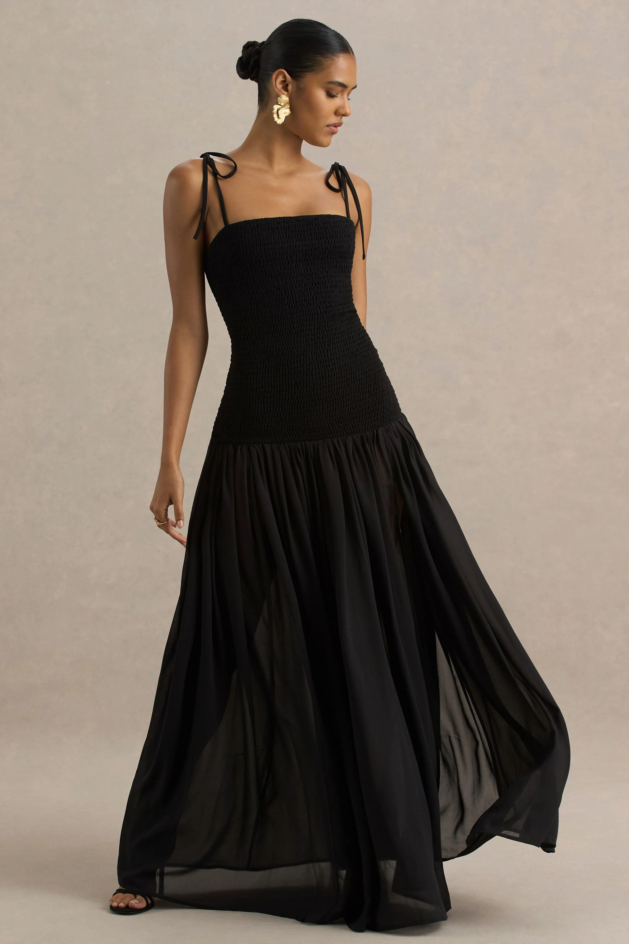 Maeva | Black Square-Neck Fishtail Maxi Dress With Ruched Detailing - Image 5