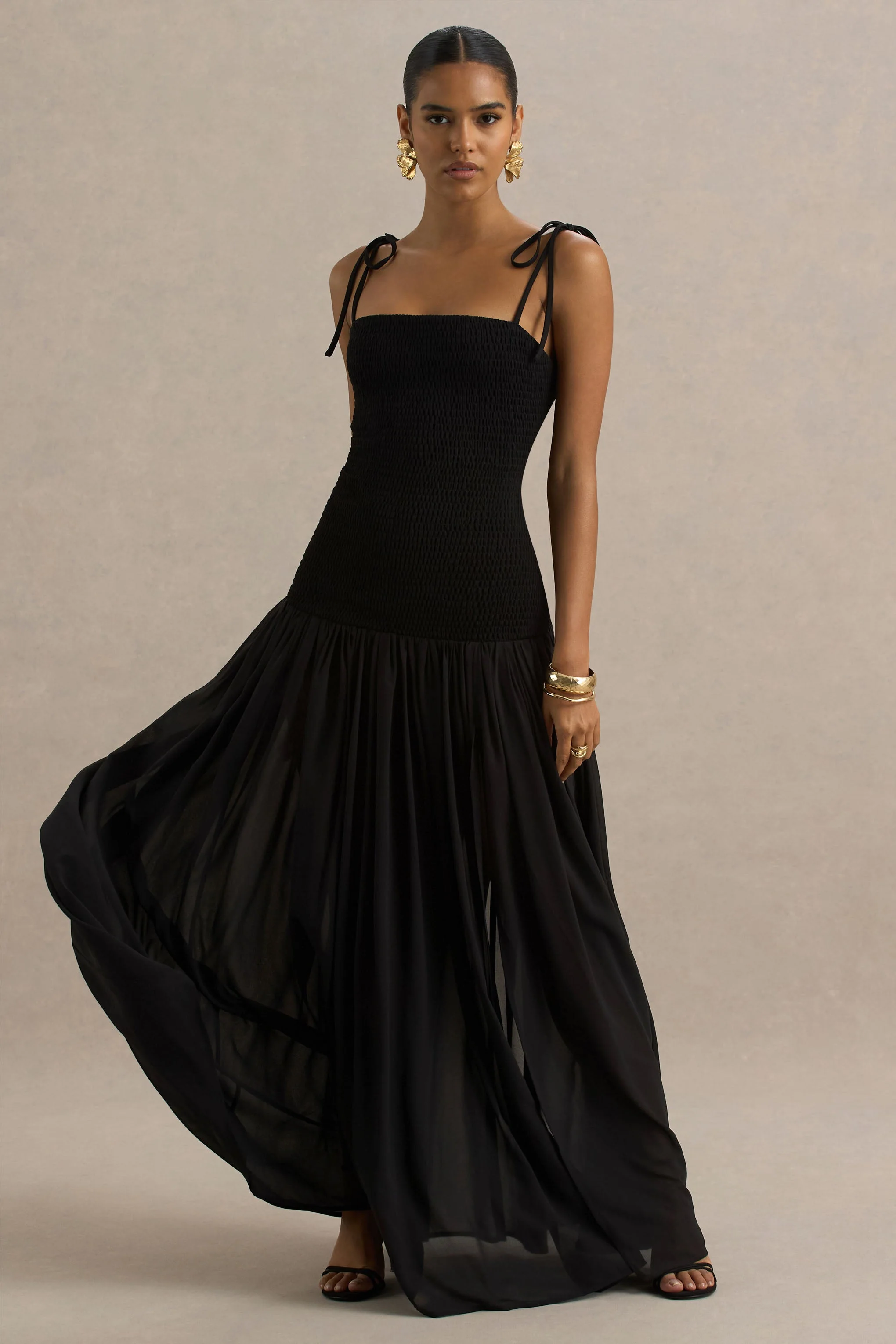 Maeva | Black Square-Neck Fishtail Maxi Dress With Ruched Detailing - Image 7