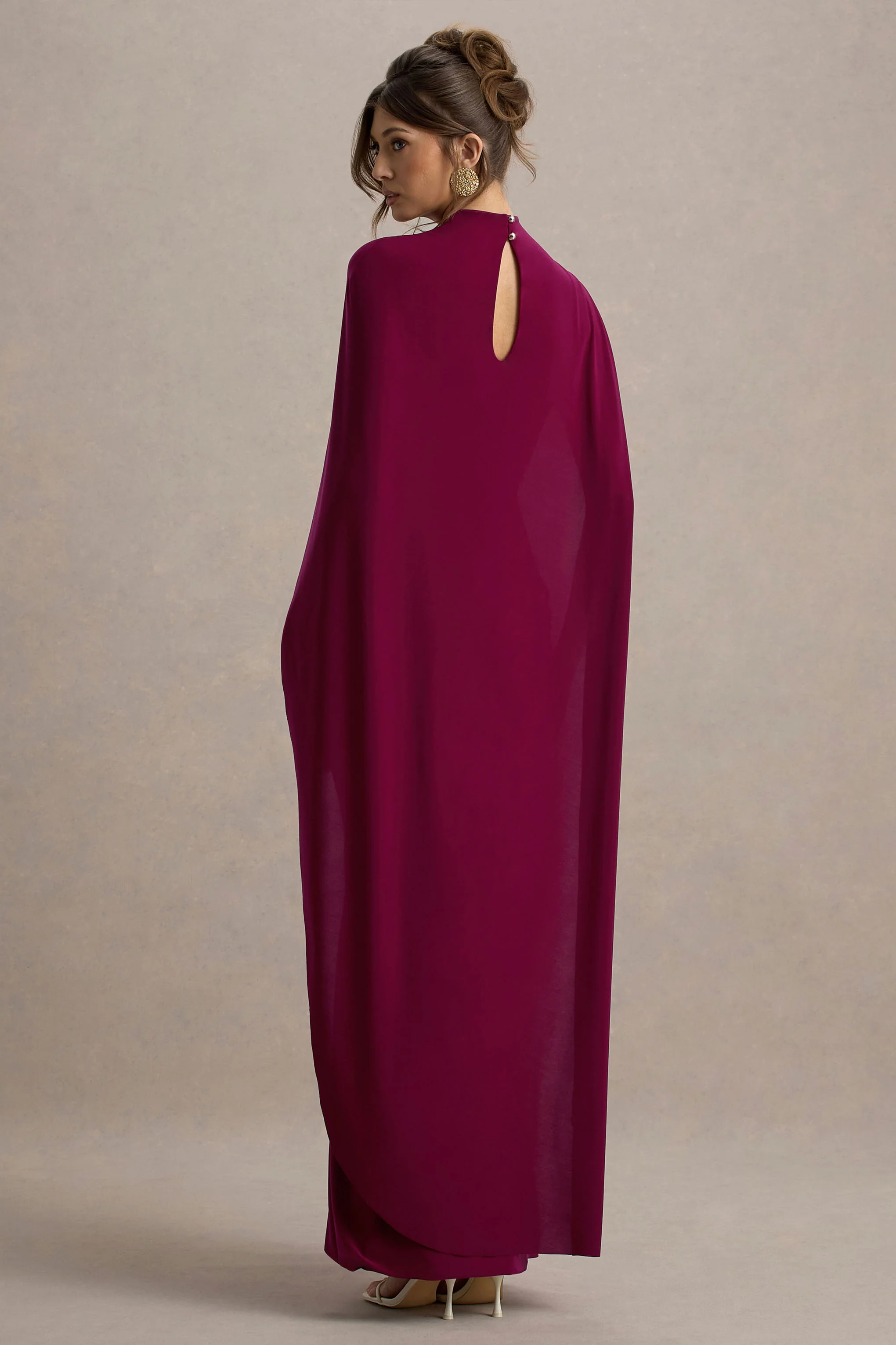 Maeve | Burgundy Cape-Sleeve Draped Maxi Dress - Image 2