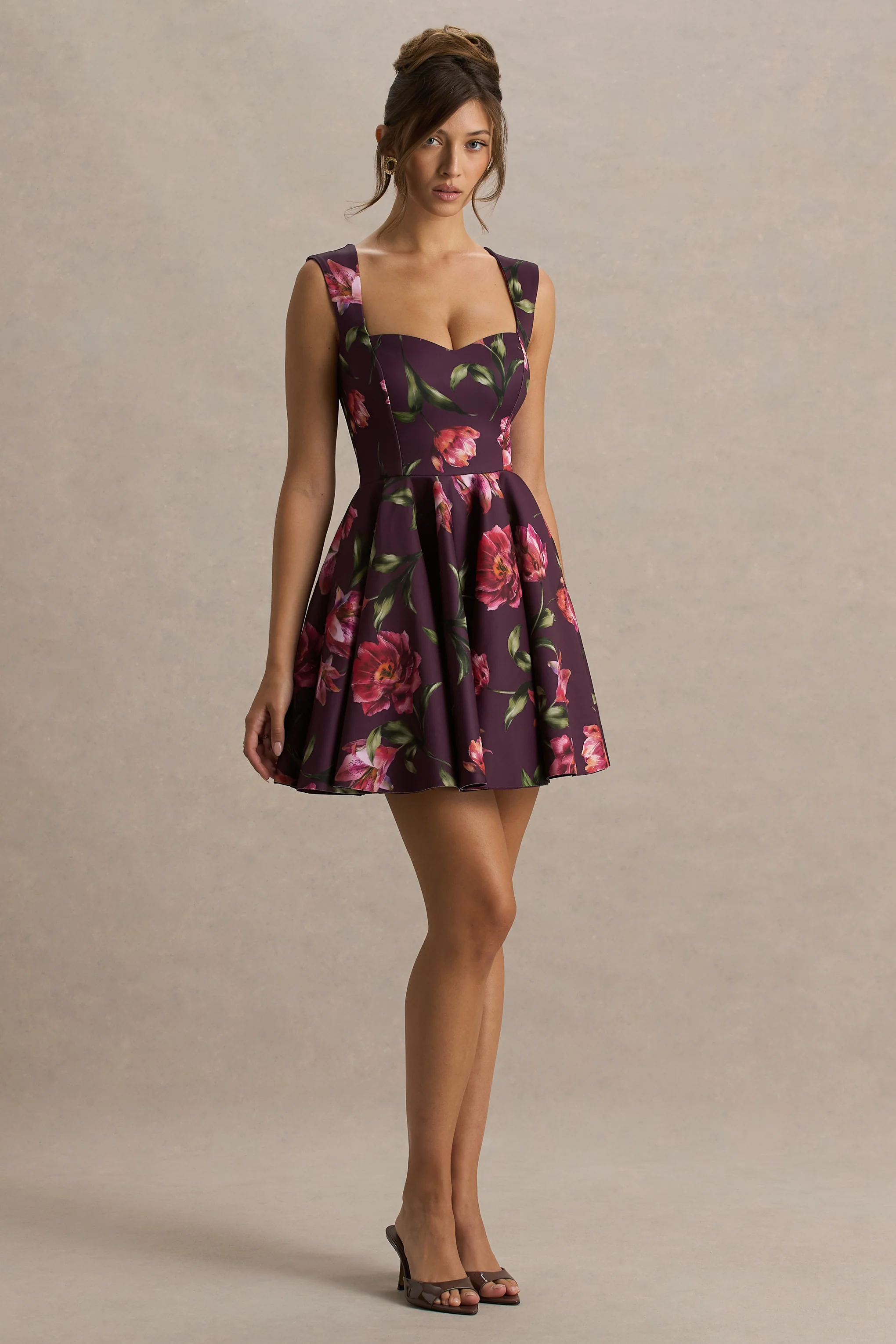 Magic | Burgundy Floral Print Sweetheart-Neck Mini Dress