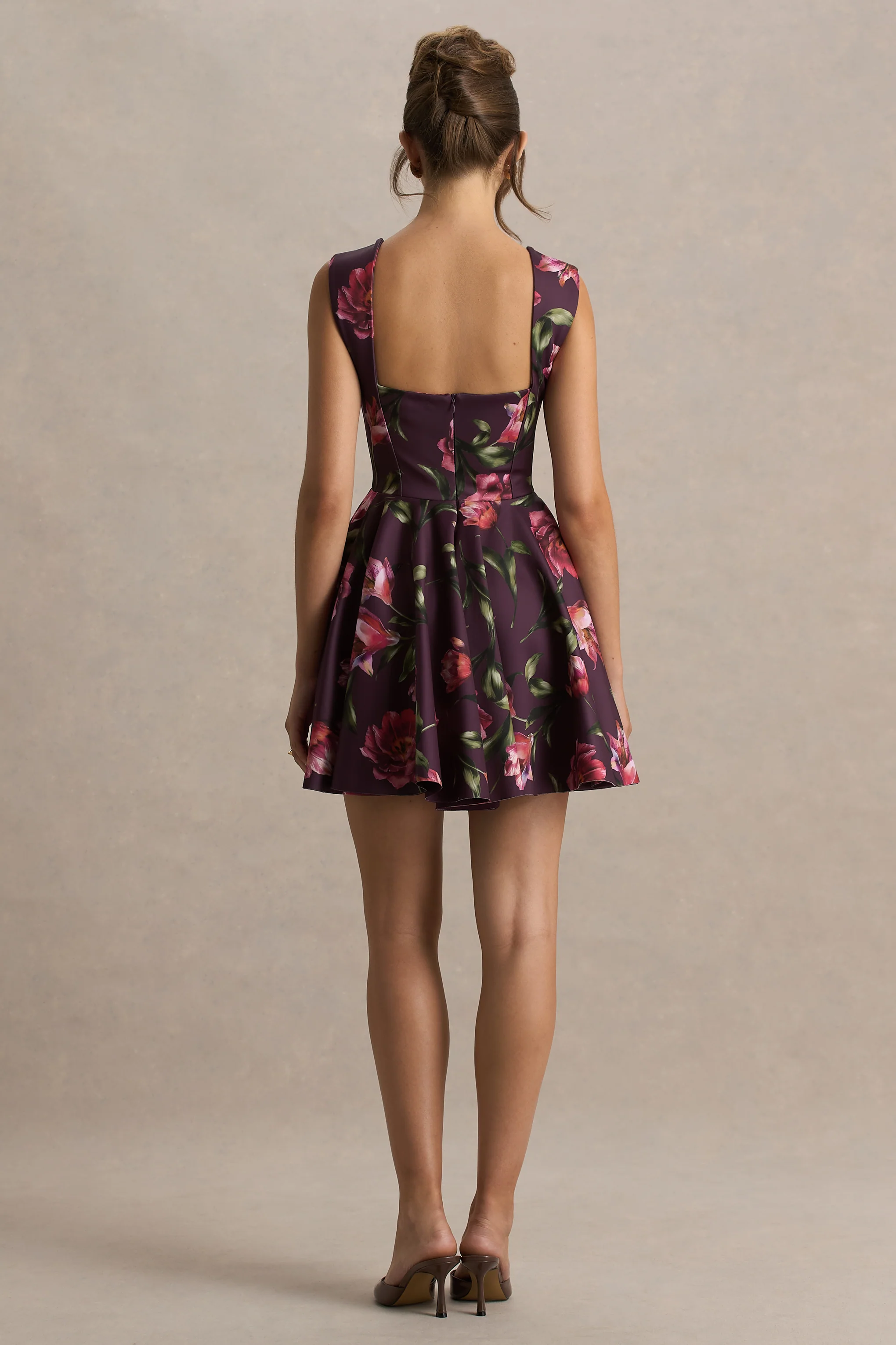 Magic | Burgundy Floral Print Sweetheart-Neck Mini Dress - Image 2