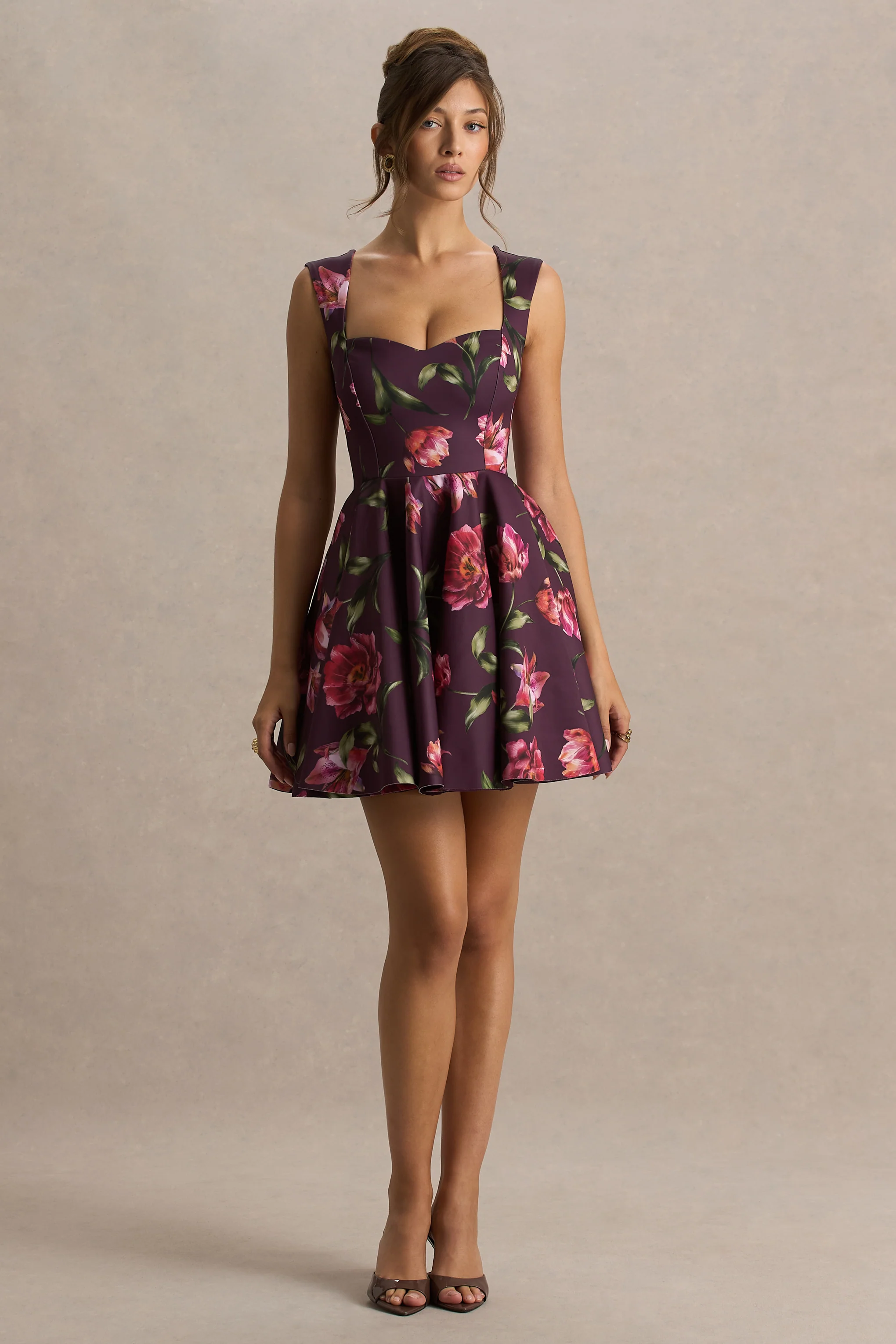 Magic | Burgundy Floral Print Sweetheart-Neck Mini Dress - Image 4