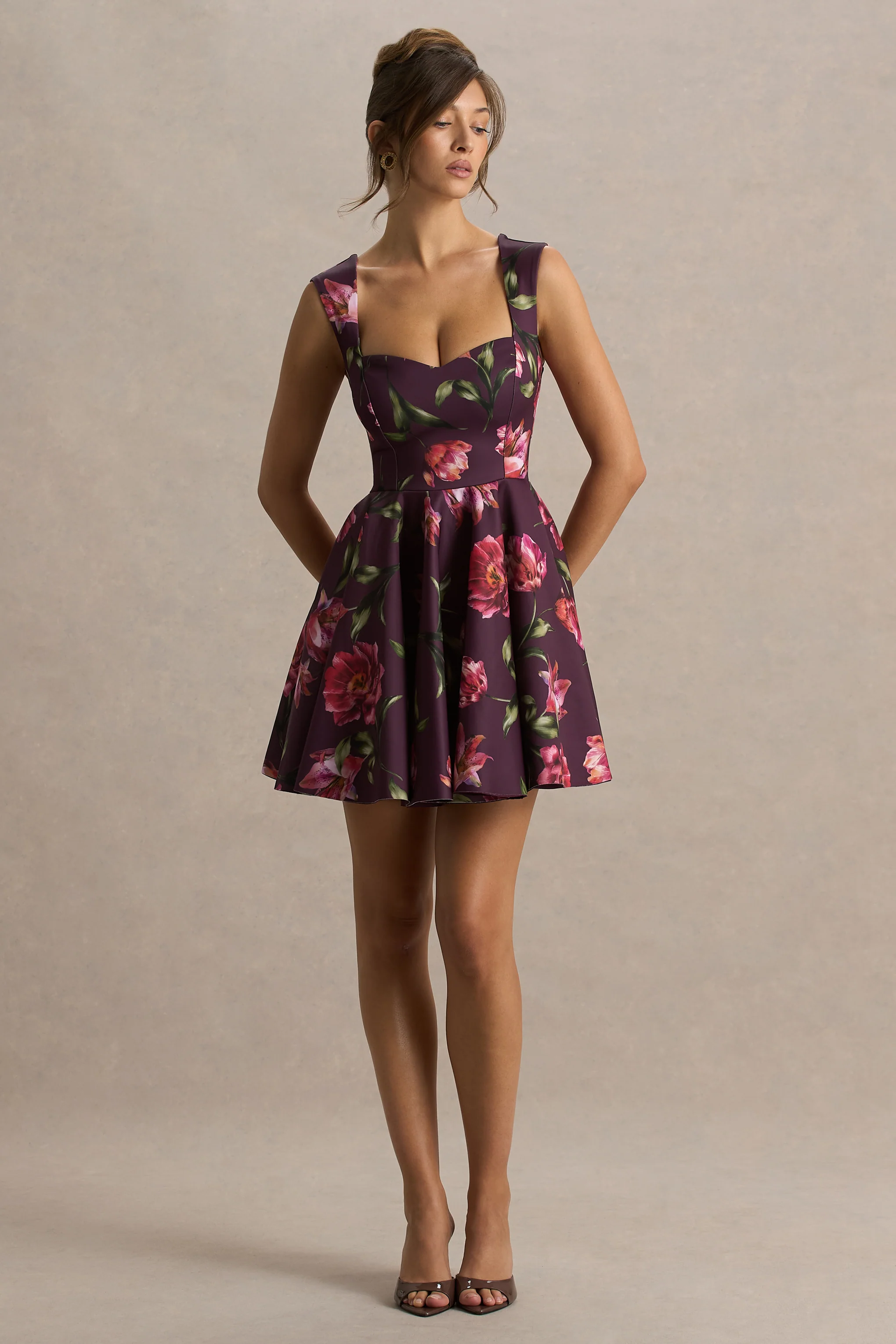Magic | Burgundy Floral Print Sweetheart-Neck Mini Dress - Image 5