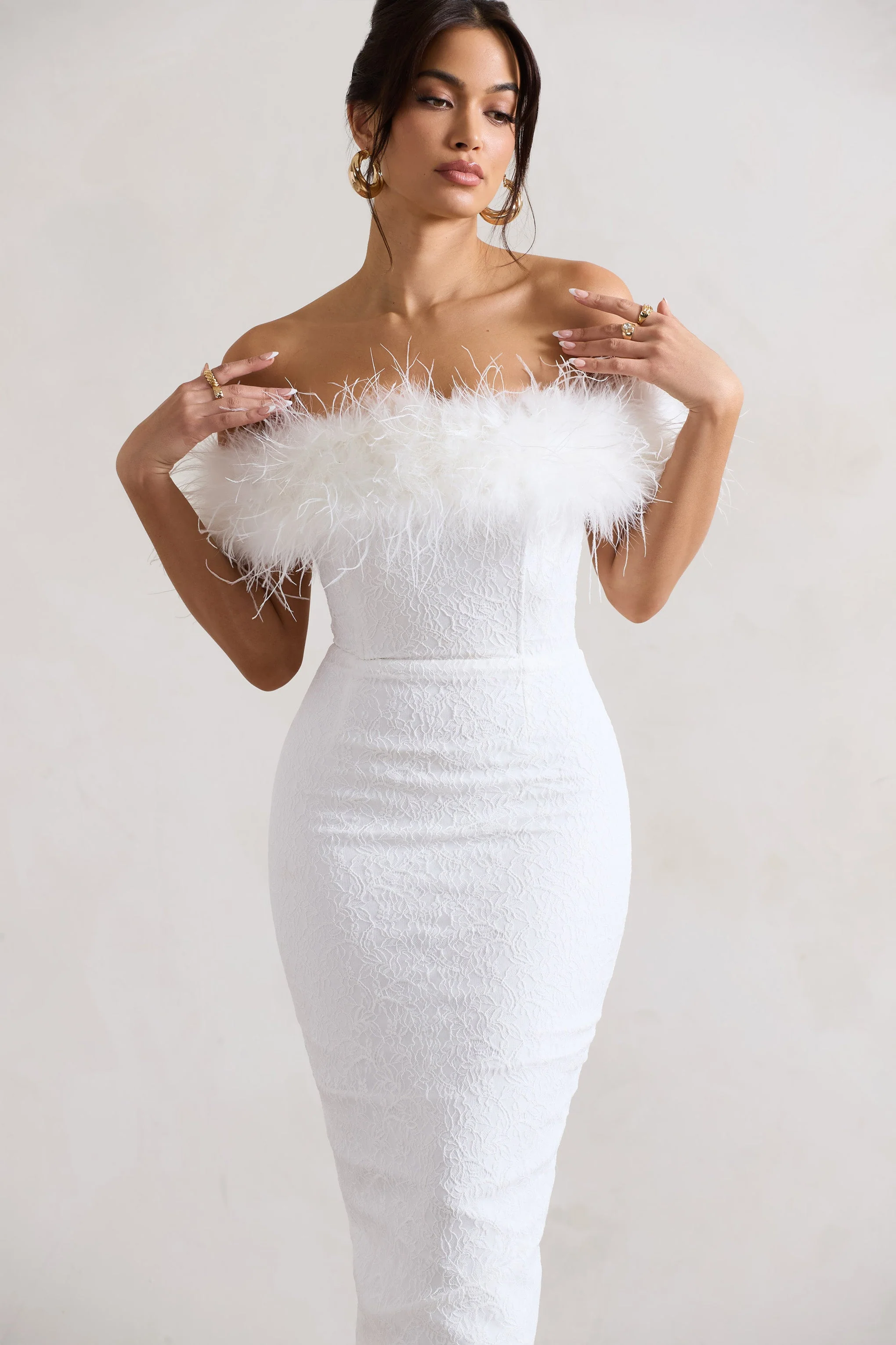 Maiden | White Lace Bardot Midi Dress With Feather Trim - Image 3
