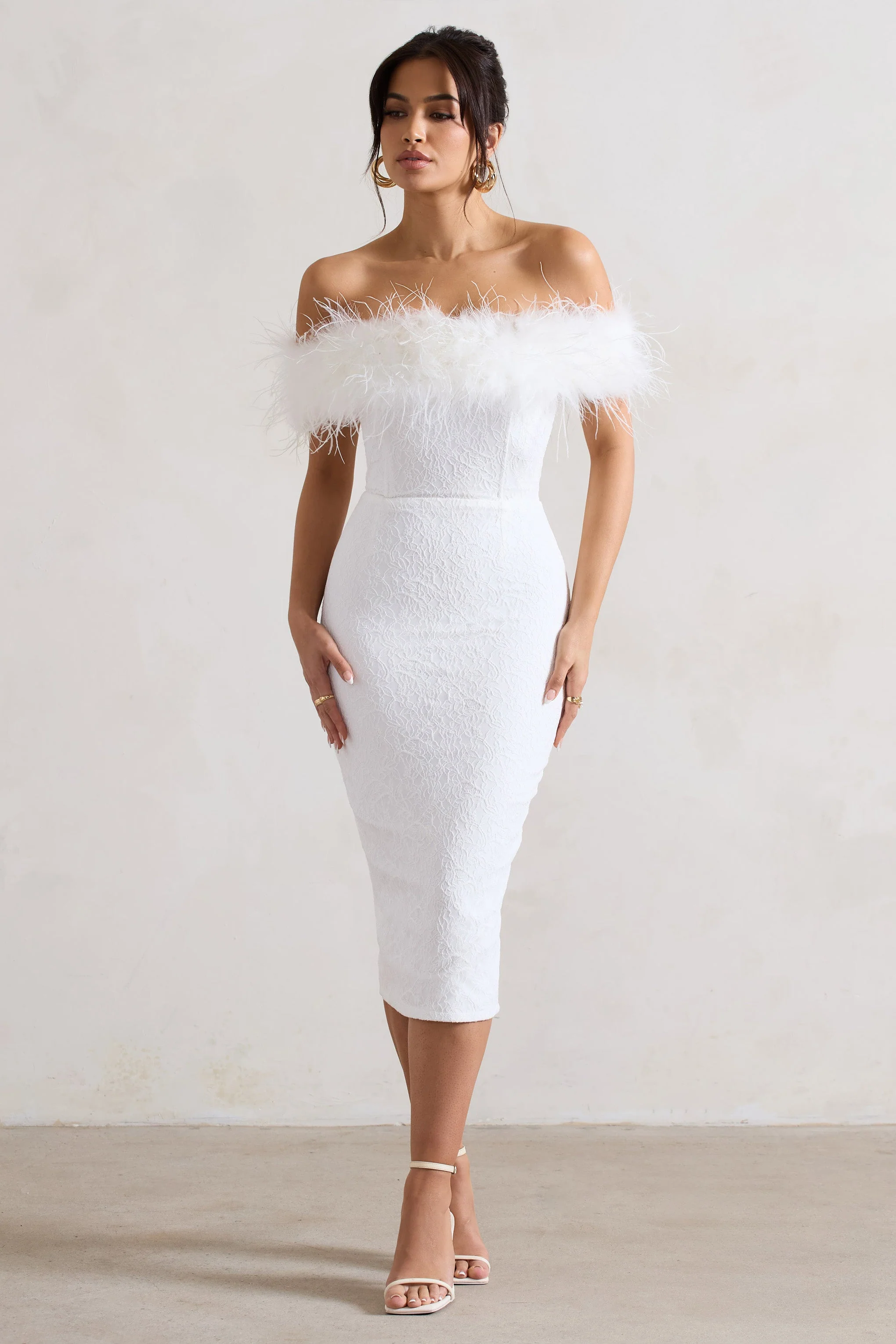 Maiden | White Lace Bardot Midi Dress With Feather Trim - Image 4