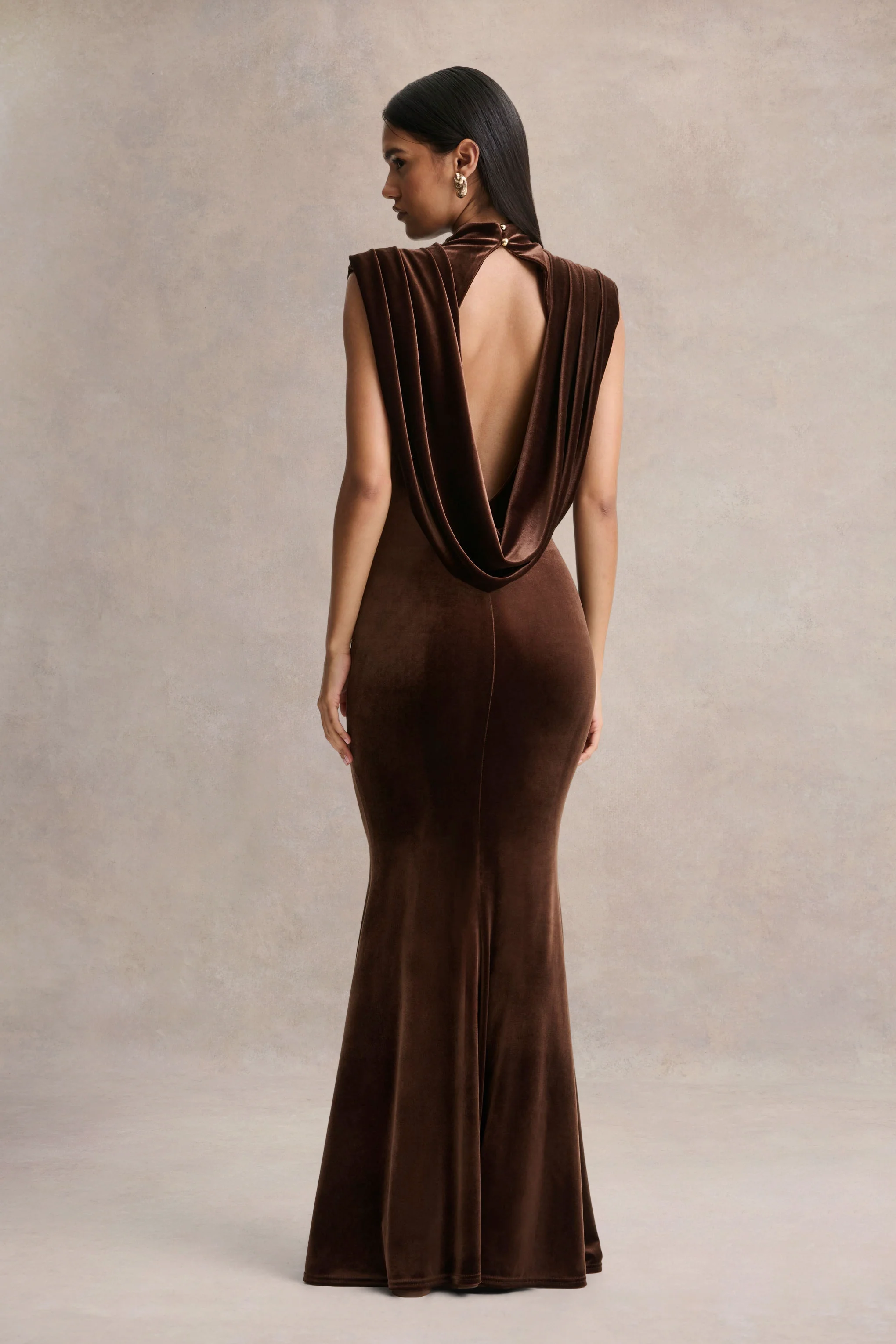 Malora | Brown Velvet High-Neck Maxi Dress With Open-Back - Image 2