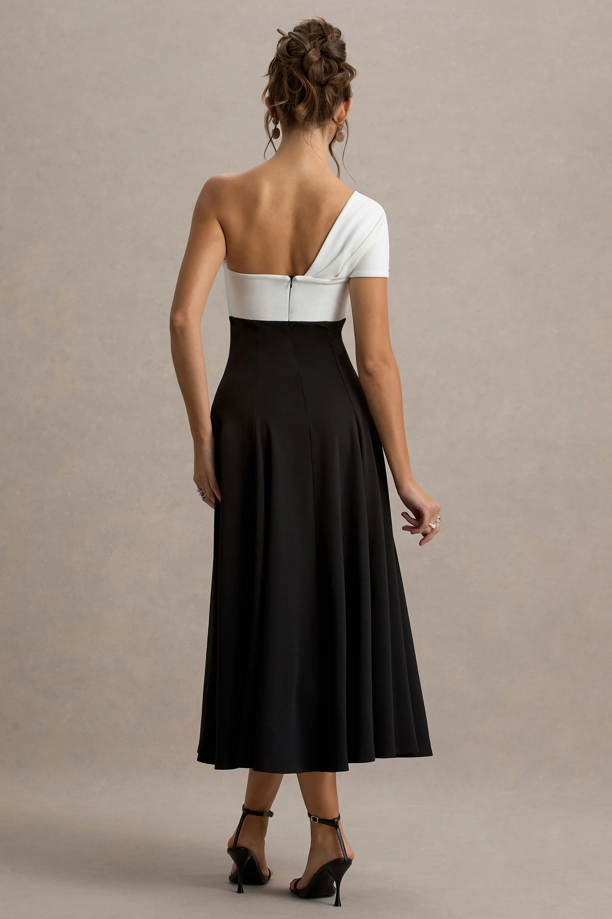 Malta | Black & White One-Shoulder Midi Dress - Image 2