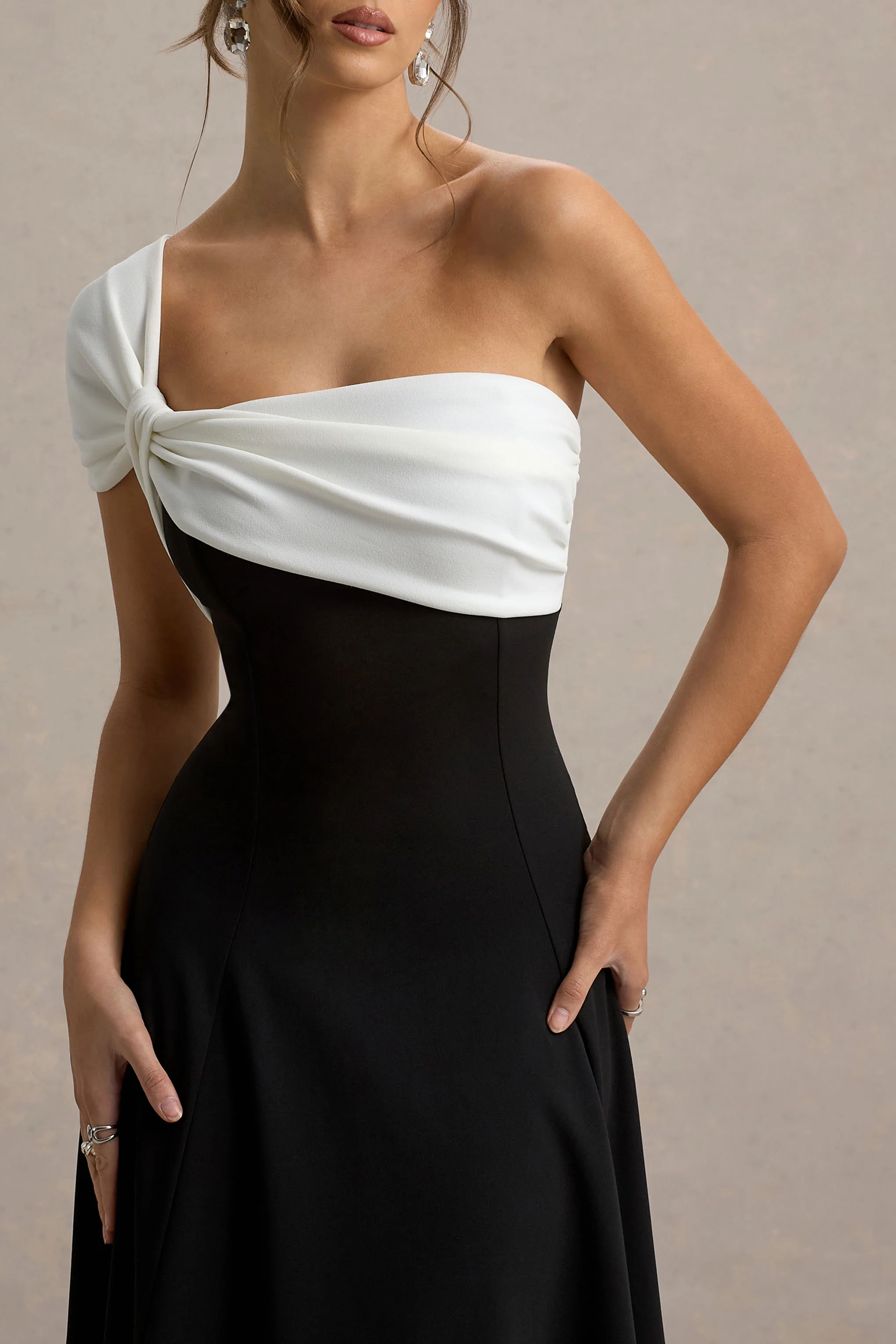 Malta | Black & White One-Shoulder Midi Dress - Image 3