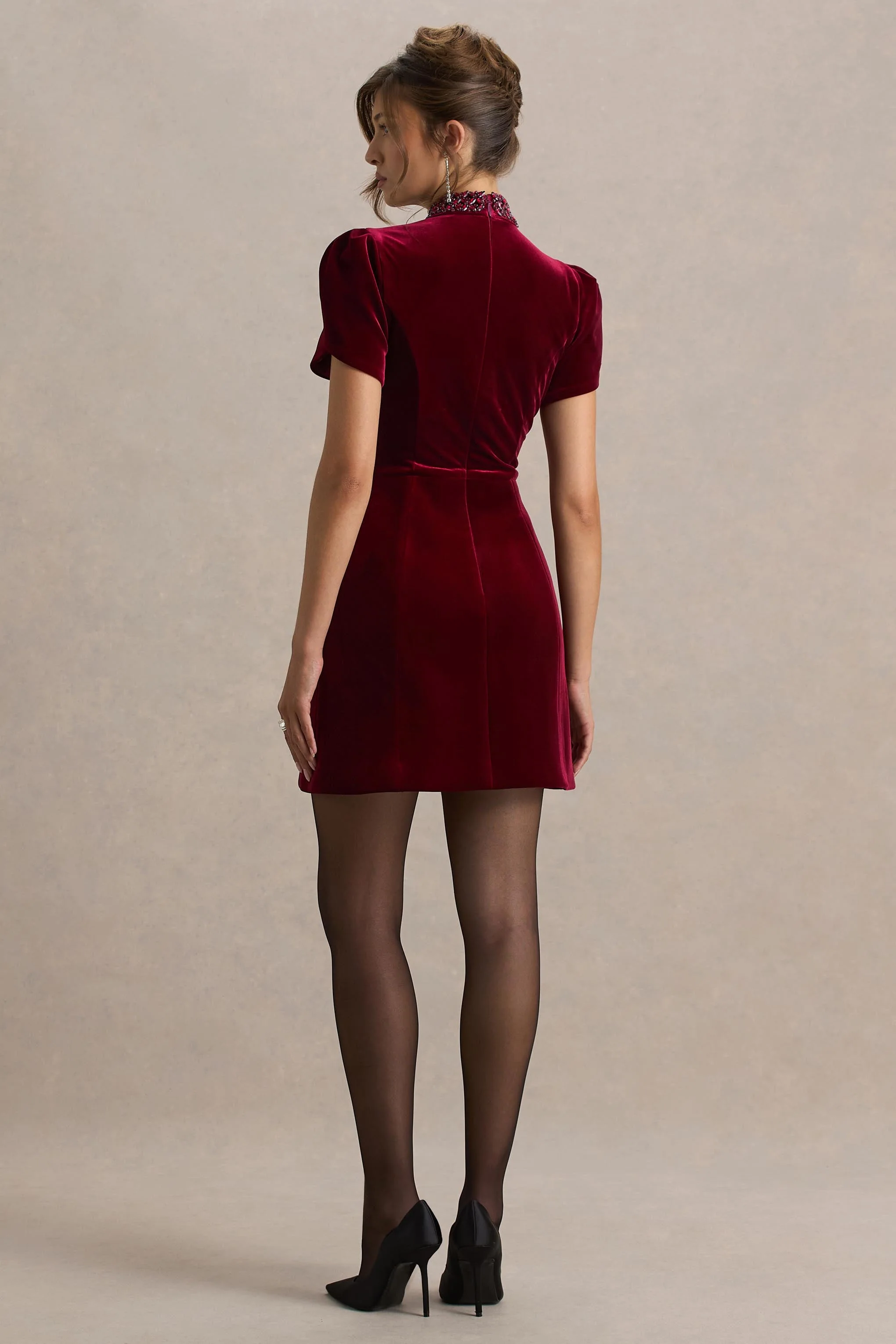 Margot | Burgundy High-Neck Velvet Mini Dress With Embellished Detail - Image 3