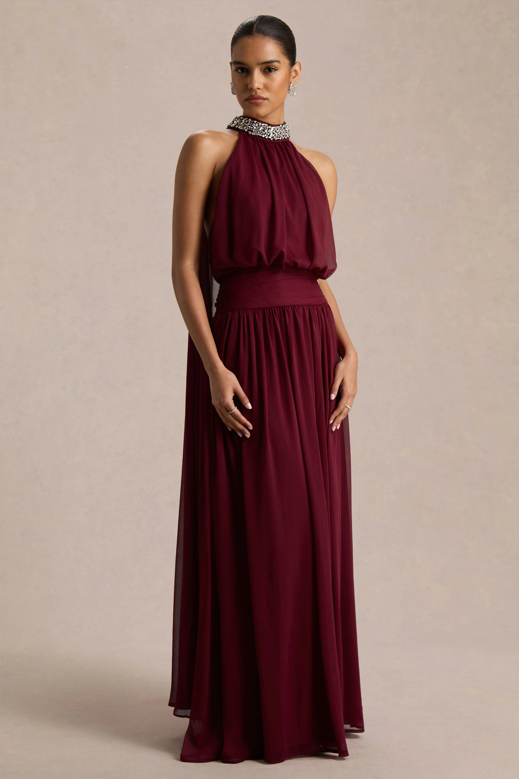 Marie | Burgundy Halter-Neck Maxi Dress With Embellished Detailing - Image 4