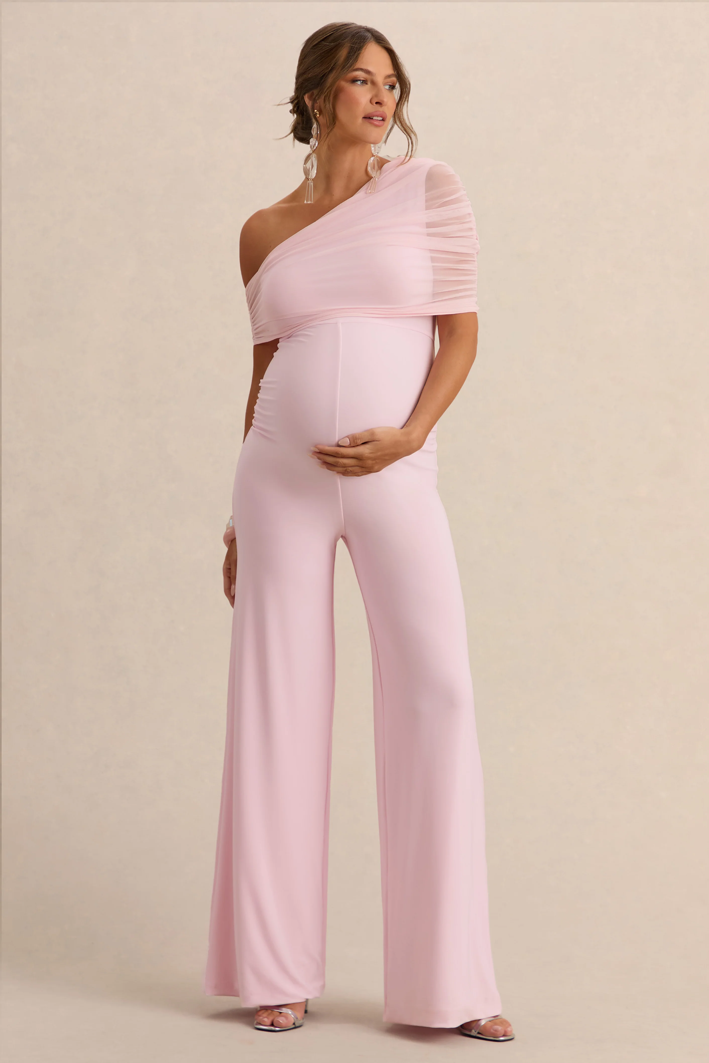 Mariska | Light Pink Asymmetric-Neck Maternity Jumpsuit With Sash Detail