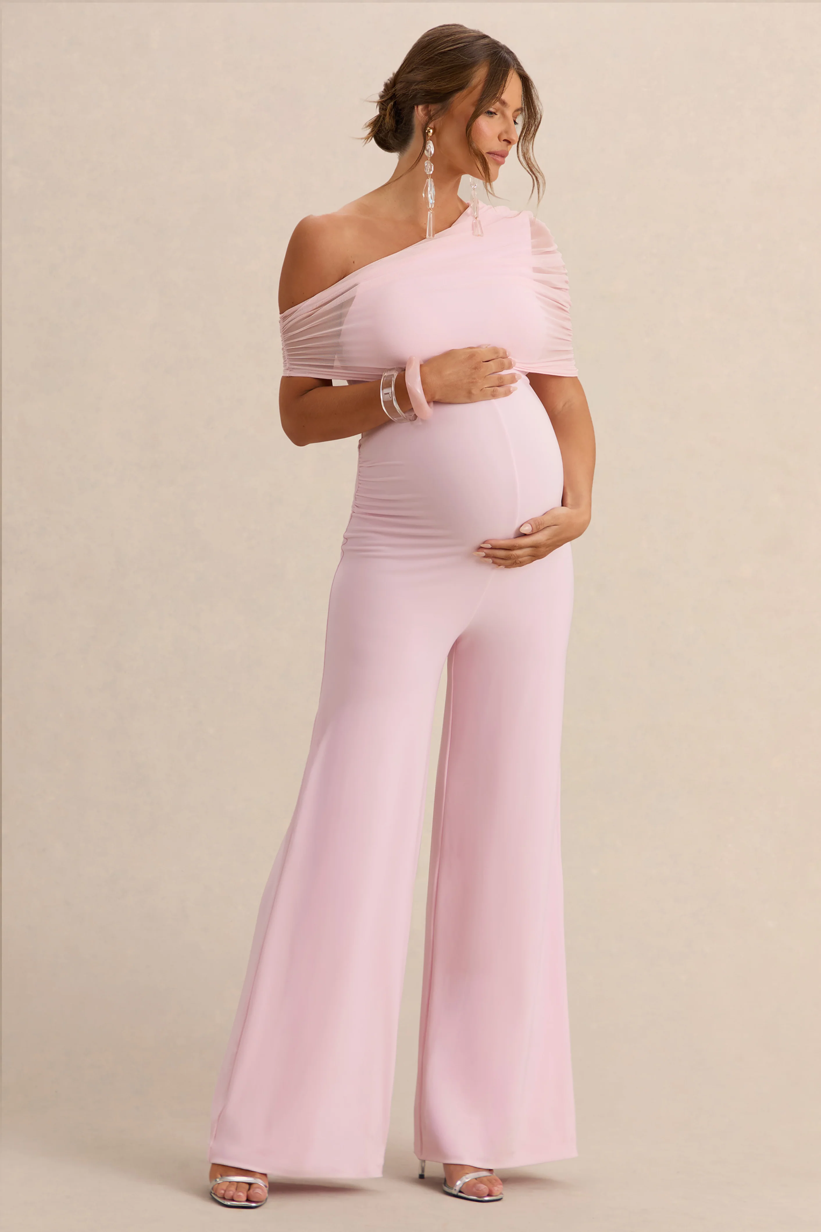 Mariska | Light Pink Asymmetric-Neck Maternity Jumpsuit With Sash Detail - Image 4
