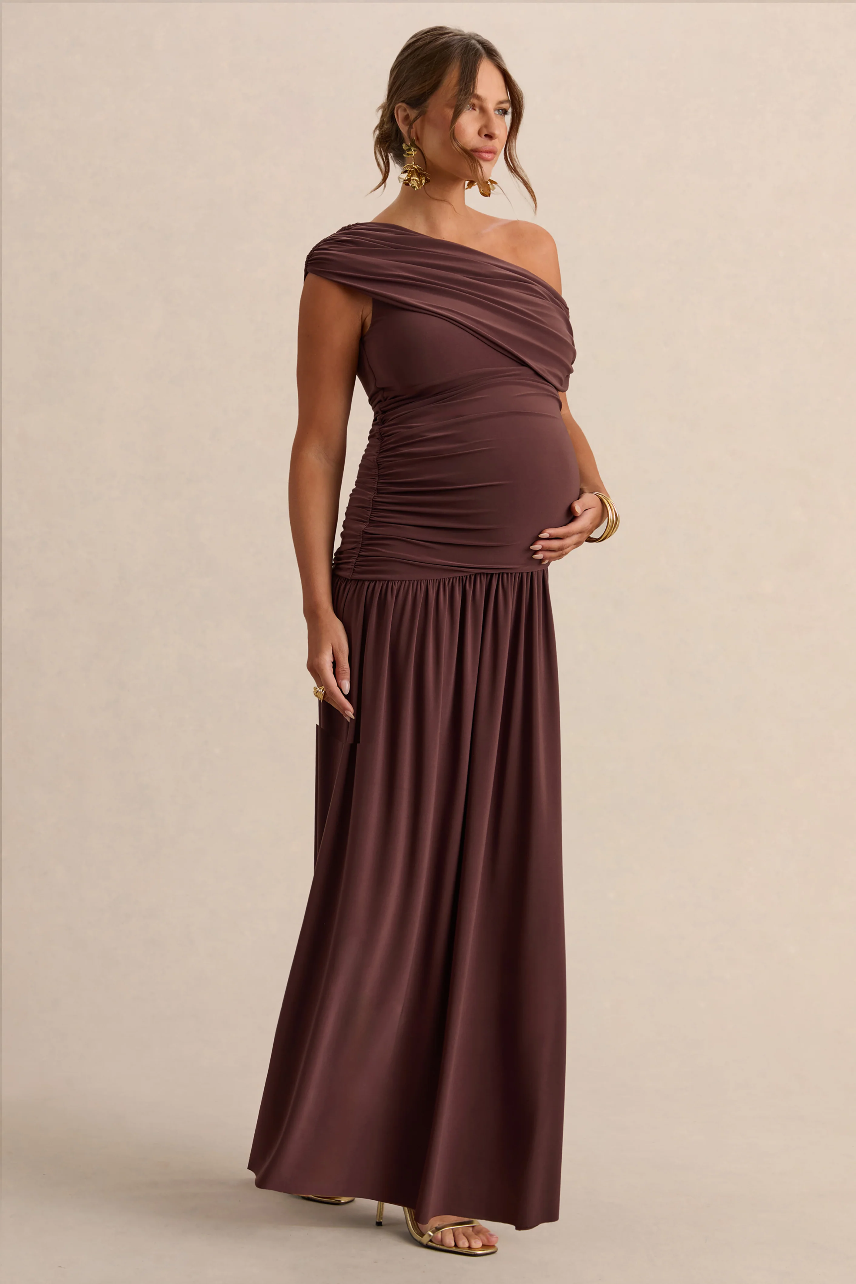 Marjorie | Dark Brown Asymmetric-Neck Maternity Maxi Dress - Image 4