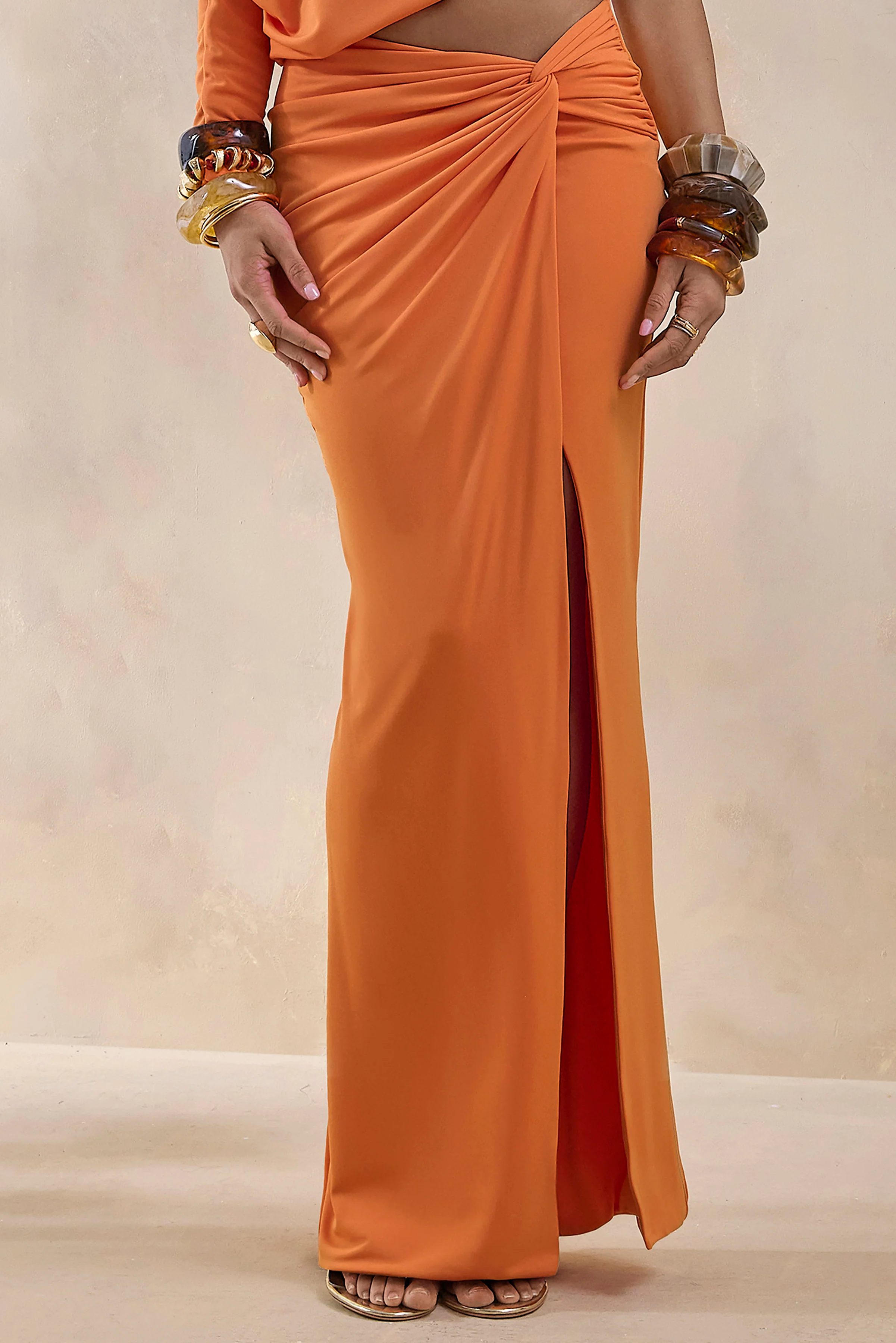 Marlena | Orange Twisted Split Maxi Skirt - Image 3